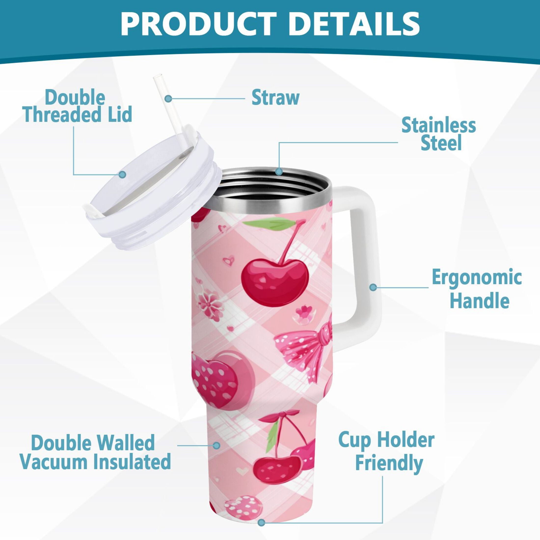 30 oz Insulated Stainless Steel Tumbler Double Wall Stainless Steel Tumbler with 2-Way Drinking Cherry and Pink Bow Pattern [Z4TM]