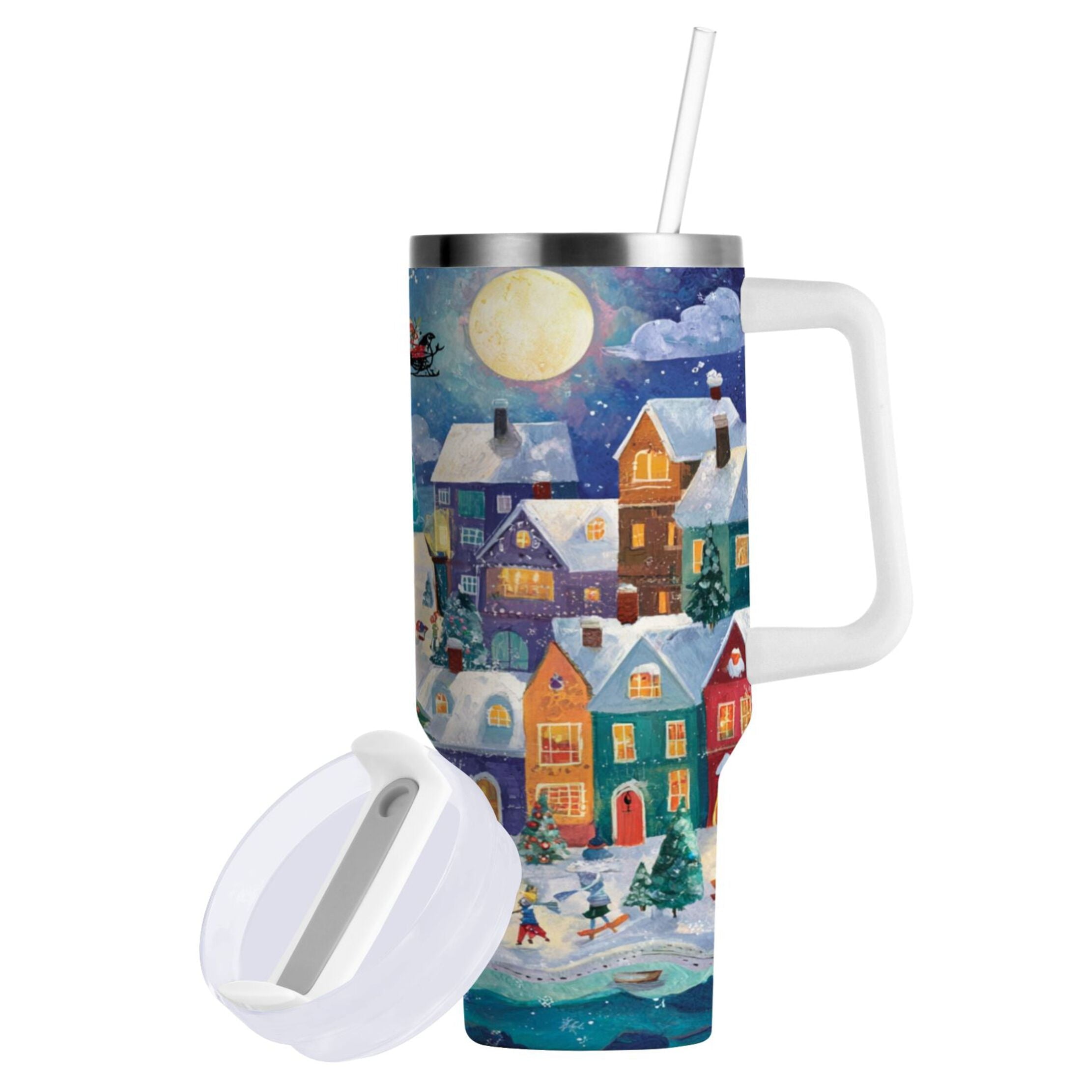 30 oz Insulated Stainless Steel Tumbler Double Wall Stainless Steel Tumbler with 2-Way Drinking Charming Christmas Scene [0ZW1]
