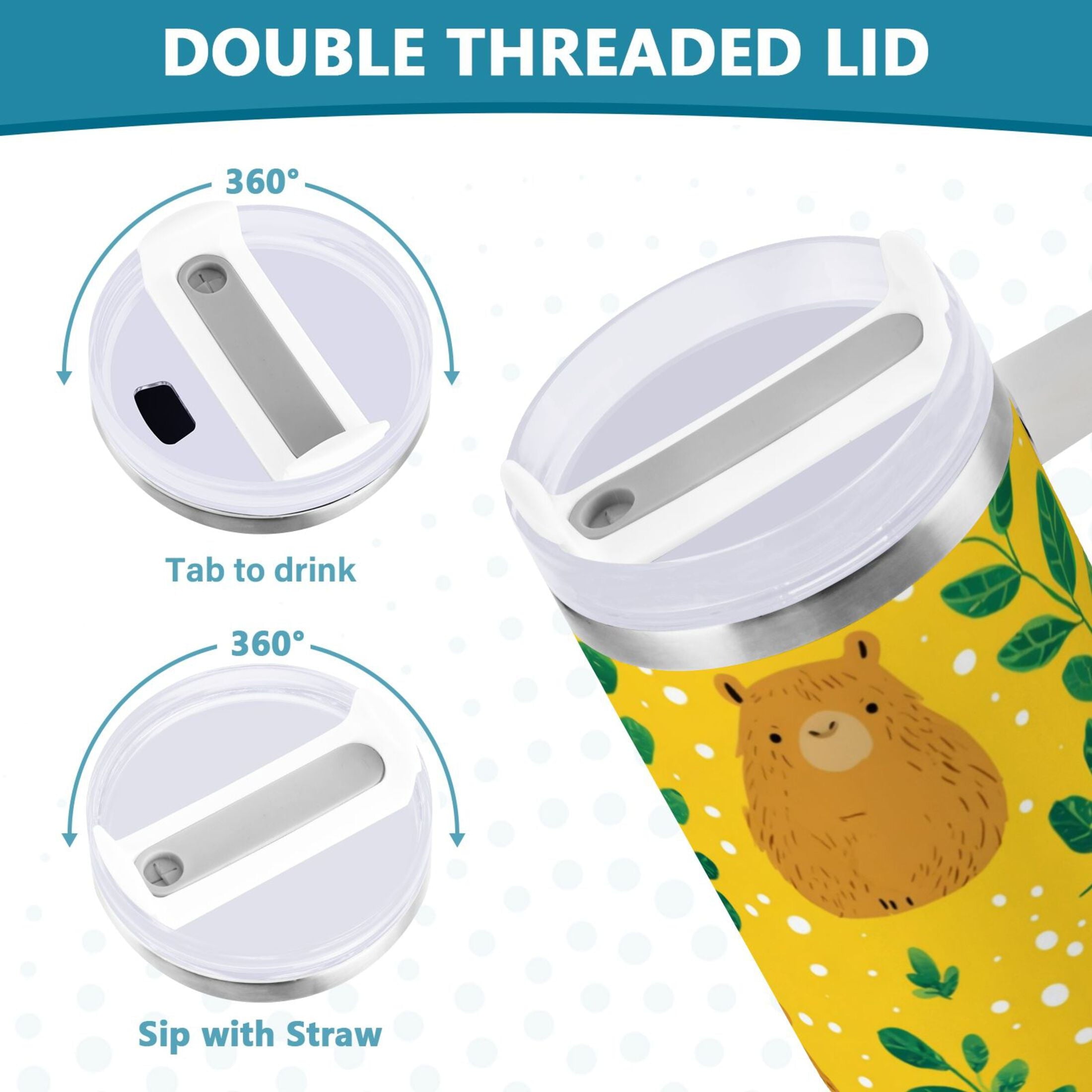 30 oz Insulated Stainless Steel Tumbler Double Wall Stainless Steel Tumbler with 2-Way Drinking Capybara and Green Leaves [IJCM]