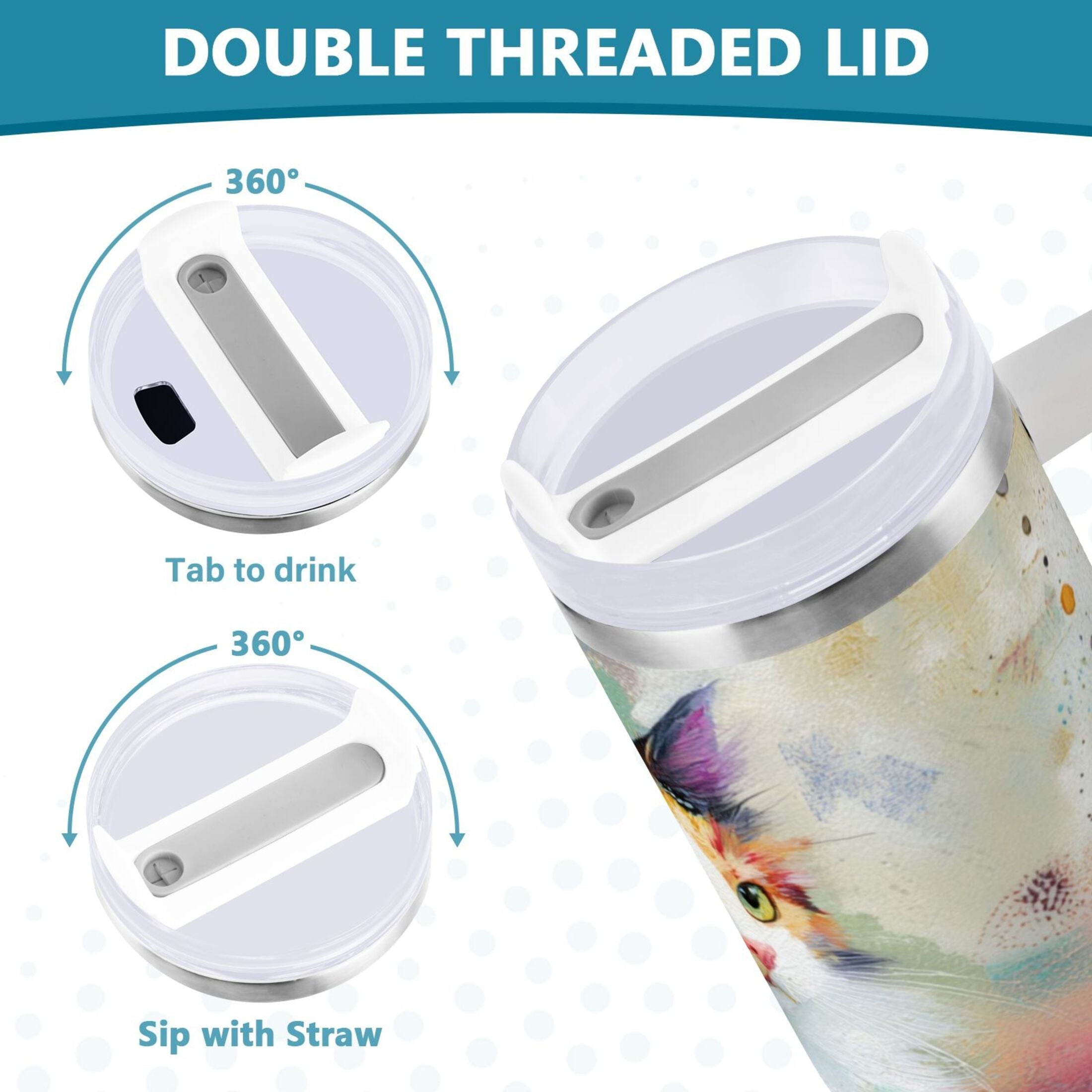 30 oz Insulated Stainless Steel Tumbler Double Wall Stainless Steel Tumbler with 2-Way Drinking Charming Hairy Cat [NGHI]