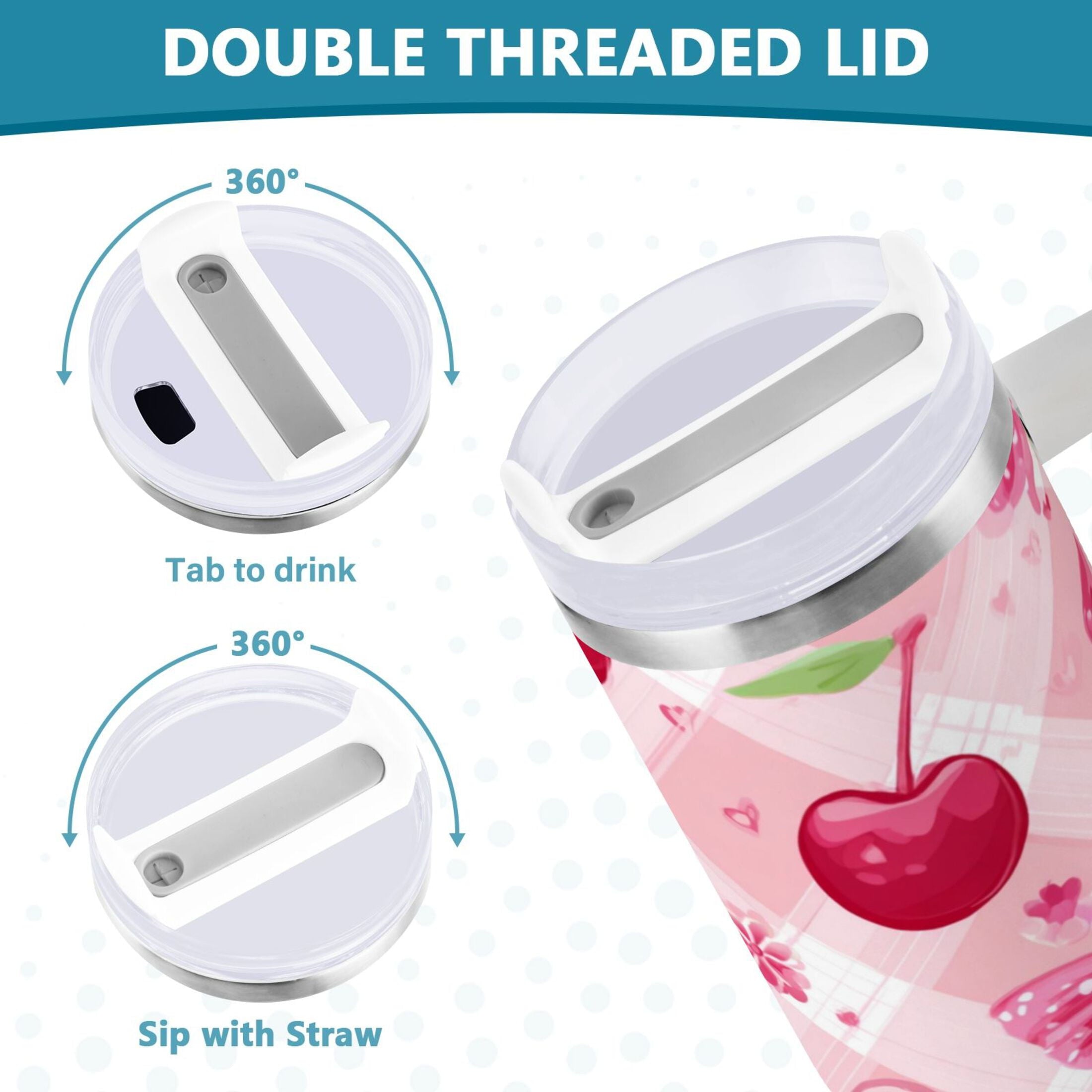 30 oz Insulated Stainless Steel Tumbler Double Wall Stainless Steel Tumbler with 2-Way Drinking Cherry and Pink Bow Pattern [Z4TM]