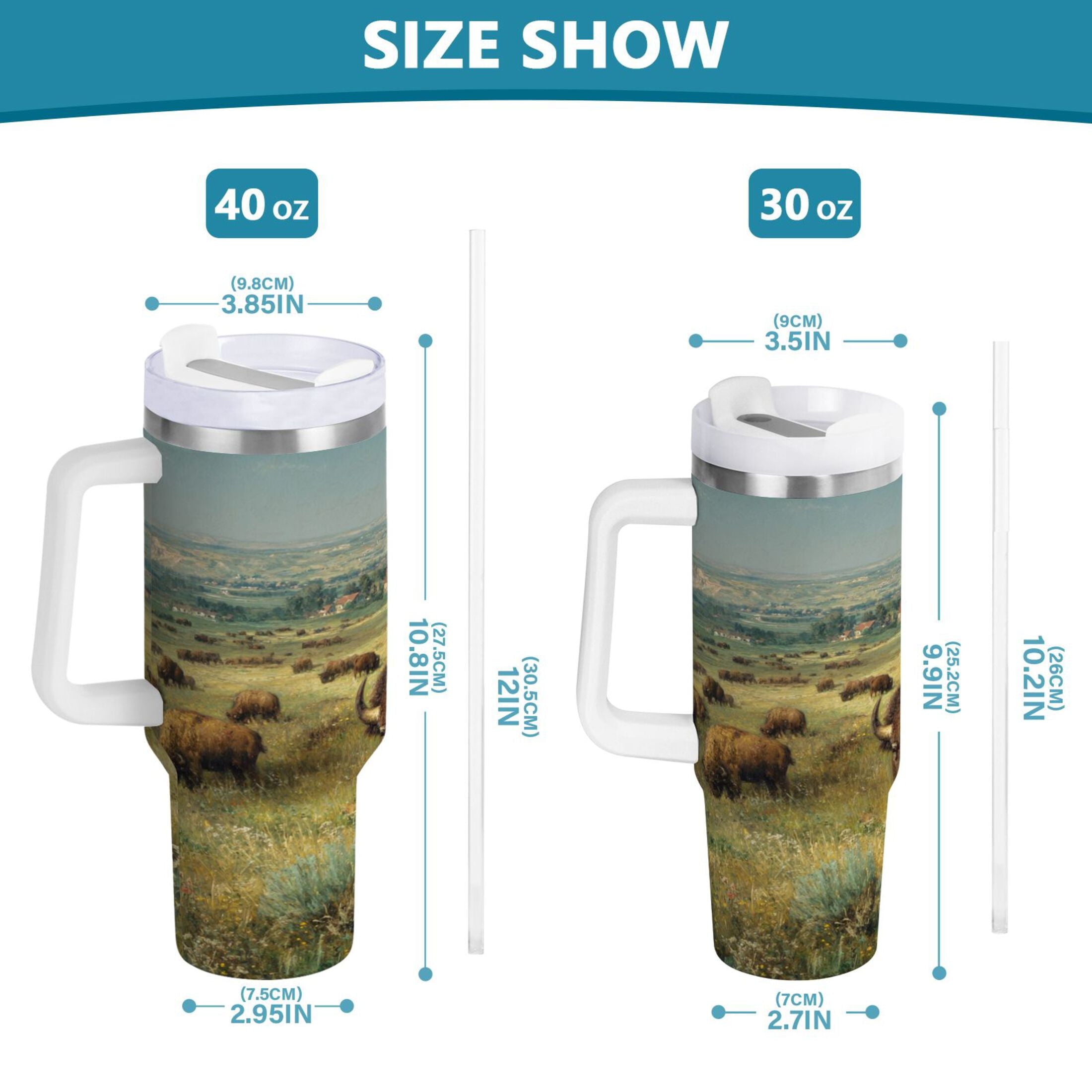 30 oz Insulated Stainless Steel Tumbler Double Wall Stainless Steel Tumbler with 2-Way Drinking Buffalo Herd Oil Painting [MF1S]