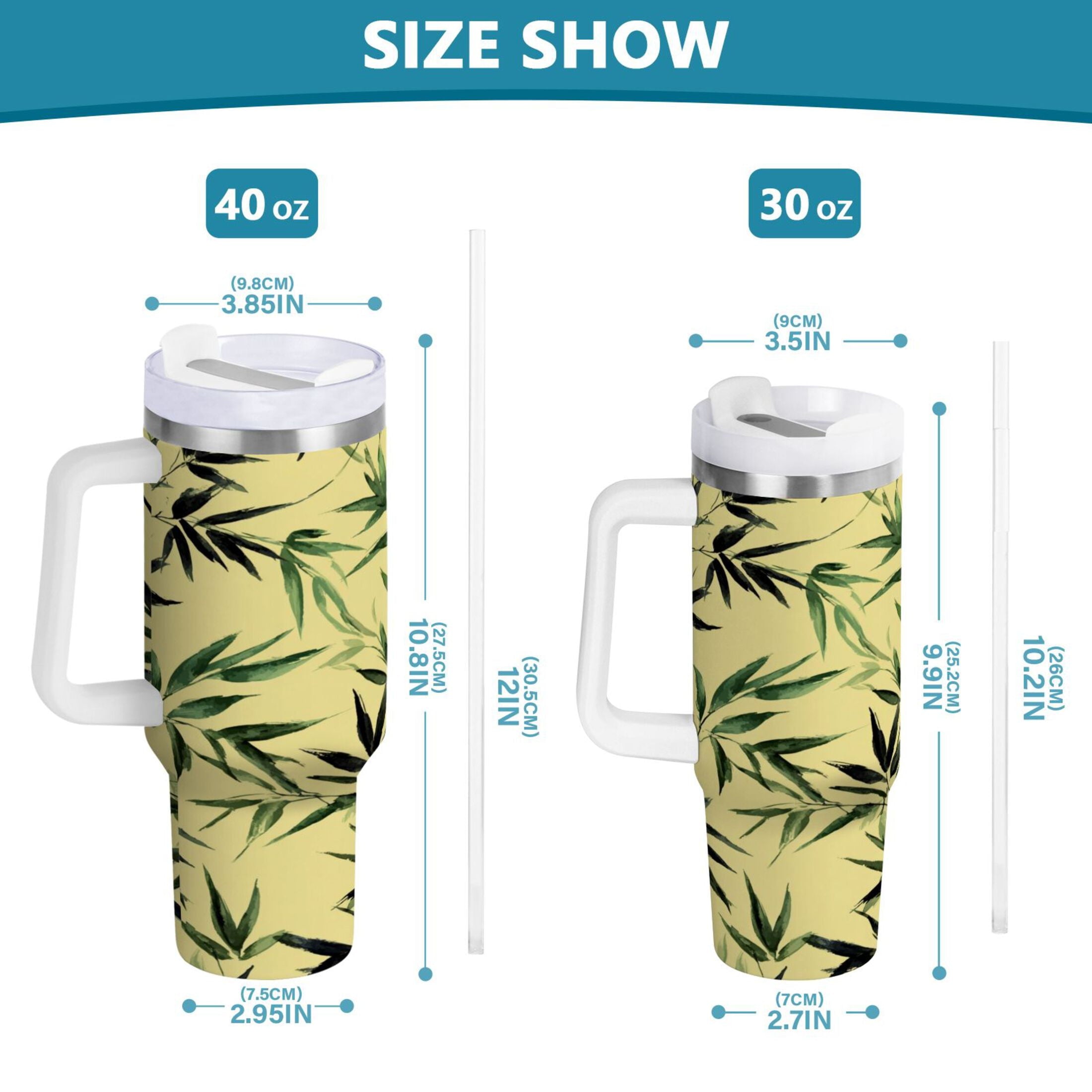 30 oz Insulated Stainless Steel Tumbler Double Wall Stainless Steel Tumbler with 2-Way Drinking Bamboo and Green Leaves [8LM6]