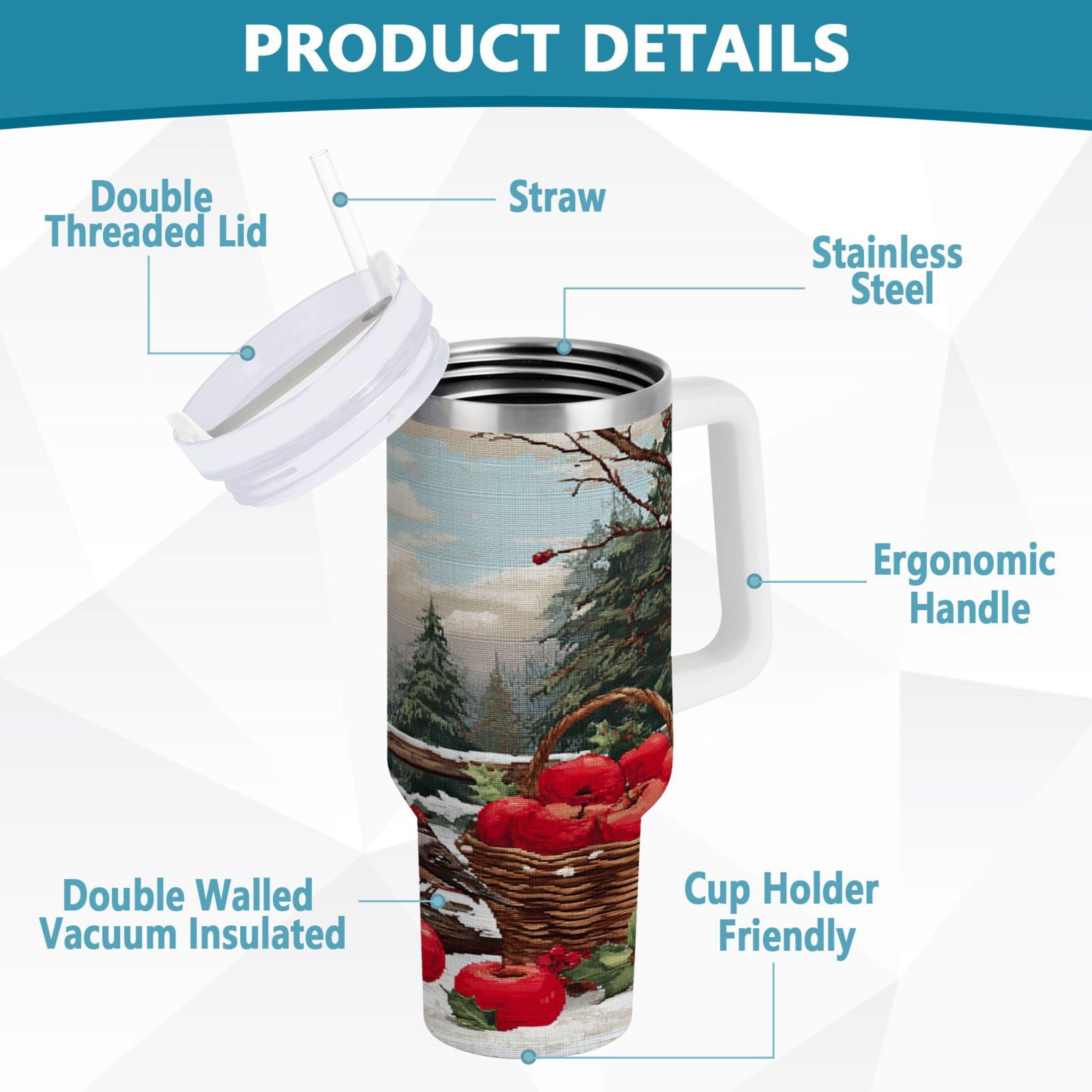 30 oz Insulated Stainless Steel Tumbler Double Wall Stainless Steel Tumbler with 2-Way Drinking Apples and Baskets [1O9M]