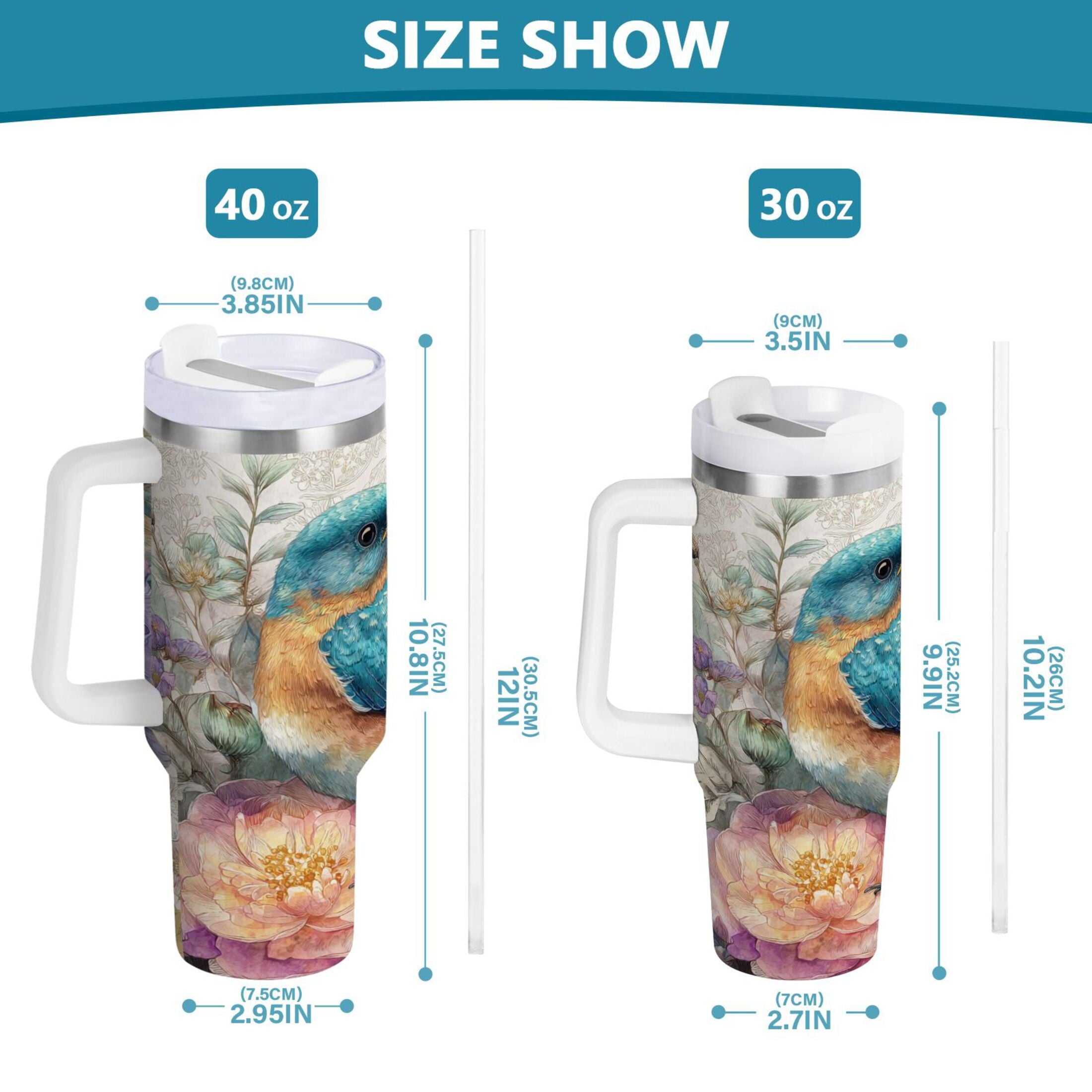 30 oz Insulated Stainless Steel Tumbler Double Wall Stainless Steel Tumbler with 2-Way Drinking Bluebird and Flower [LQBZ]