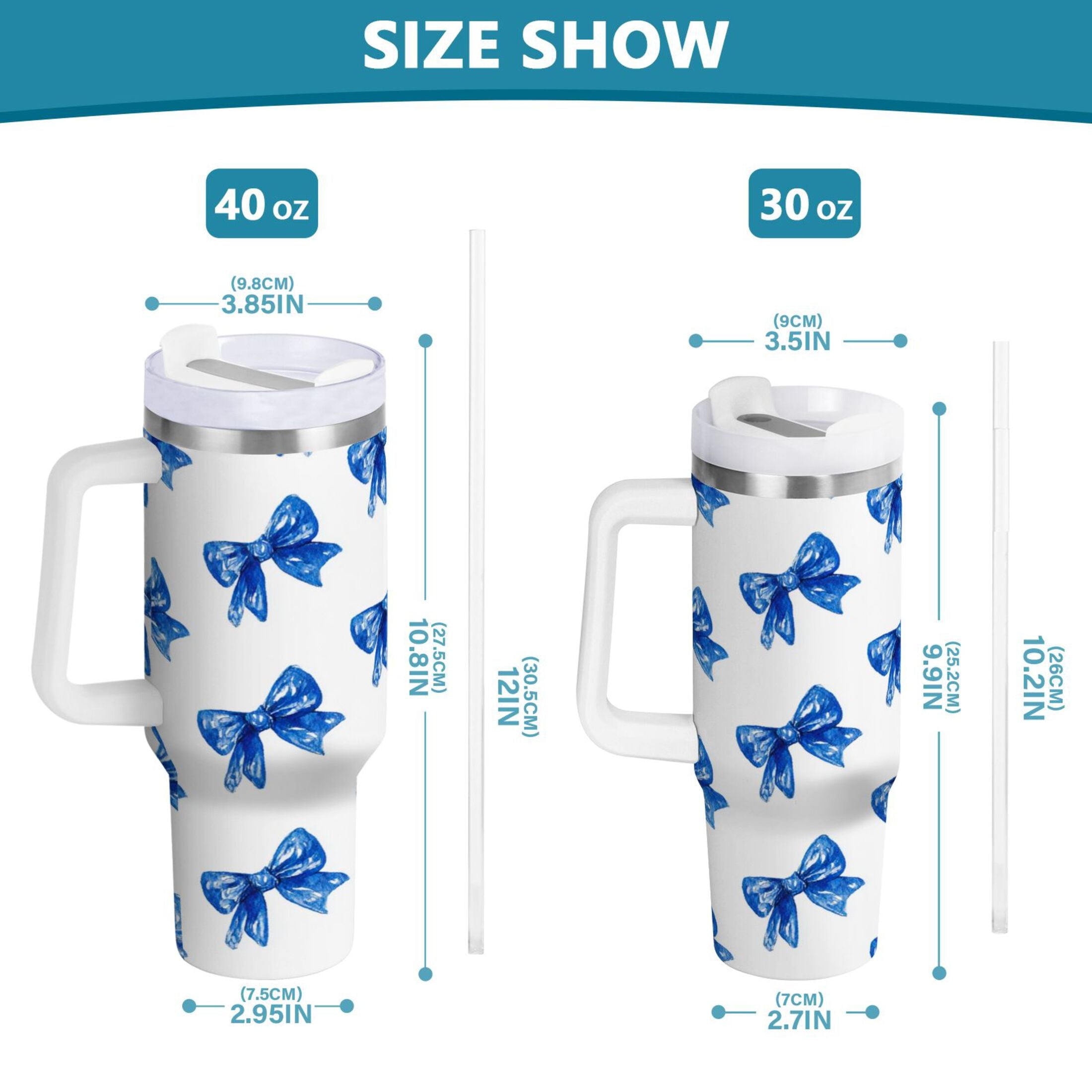 30 oz Insulated Stainless Steel Tumbler Double Wall Stainless Steel Tumbler with 2-Way Drinking Blue Bows Pattern [PR2Y]