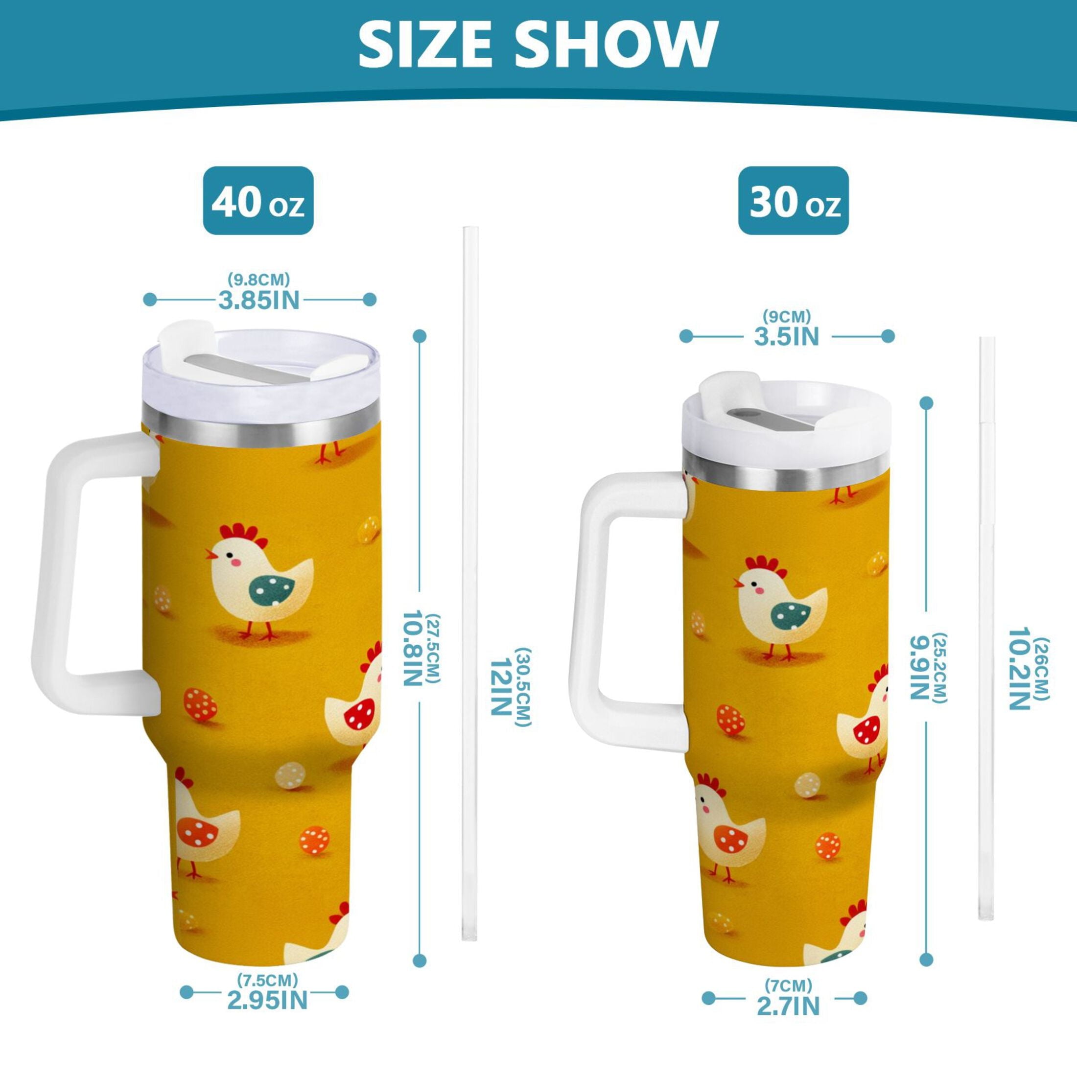 30 oz Insulated Stainless Steel Tumbler Double Wall Stainless Steel Tumbler with 2-Way Drinking Cartoon Chickens Pattern [36QW]