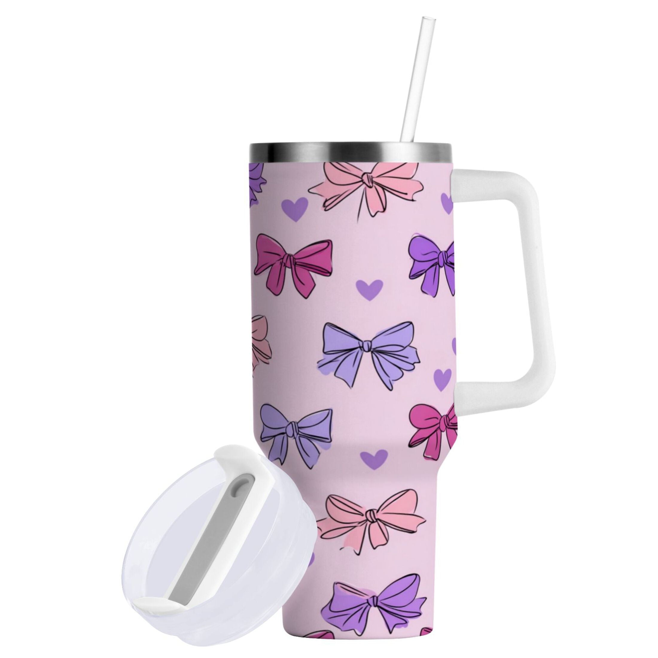 30 oz Insulated Stainless Steel Tumbler Double Wall Stainless Steel Tumbler with 2-Way Drinking Bows and Heart Pattern [KXUY]