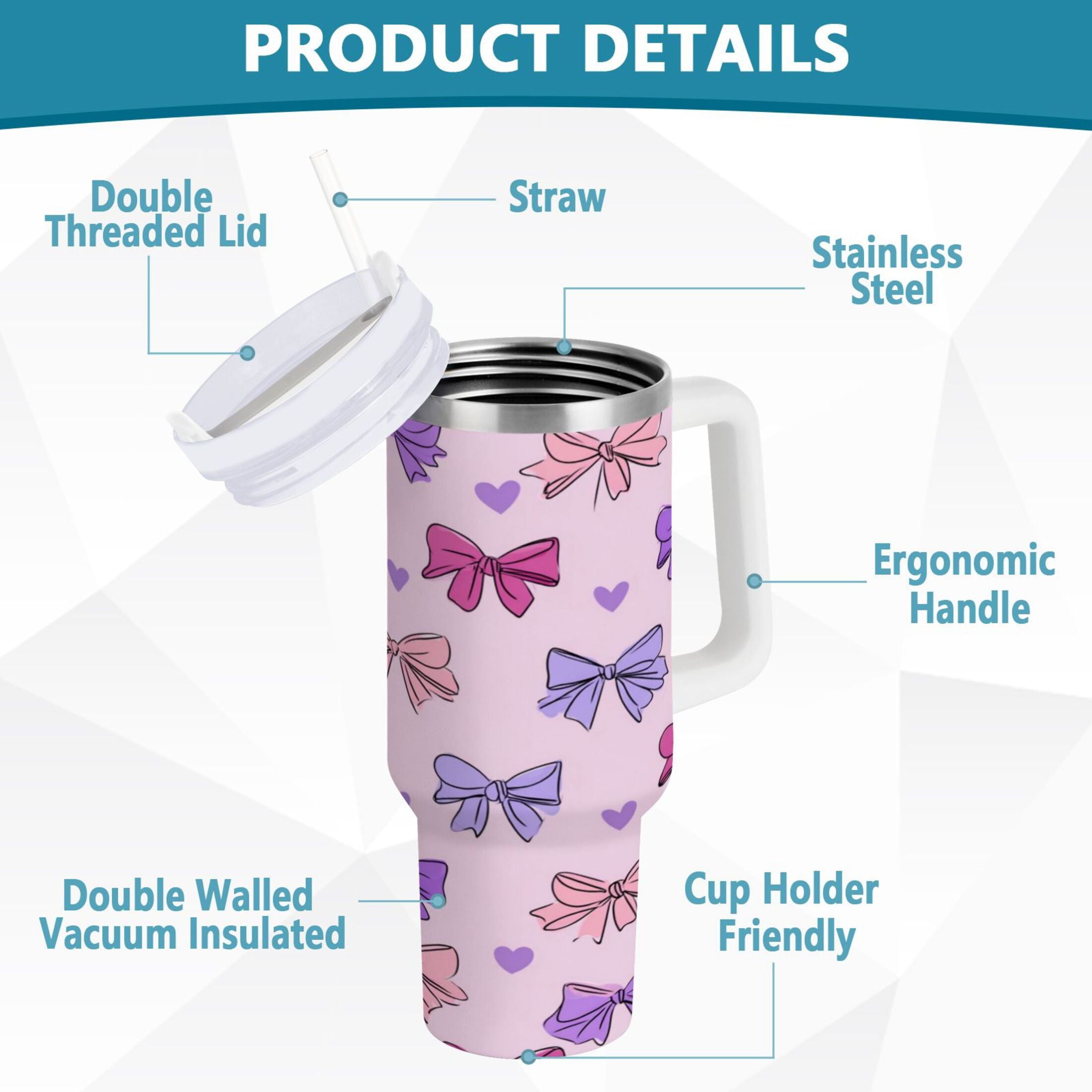 30 oz Insulated Stainless Steel Tumbler Double Wall Stainless Steel Tumbler with 2-Way Drinking Bows and Heart Pattern [KXUY]