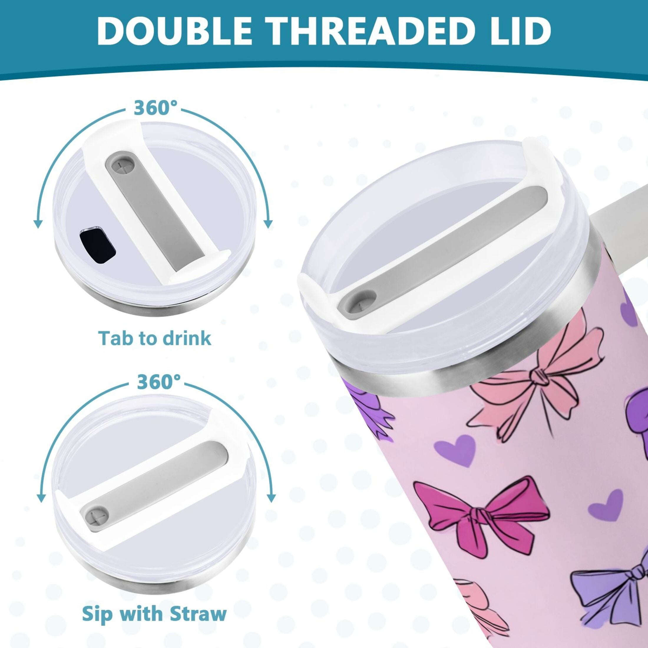 30 oz Insulated Stainless Steel Tumbler Double Wall Stainless Steel Tumbler with 2-Way Drinking Bows and Heart Pattern [KXUY]