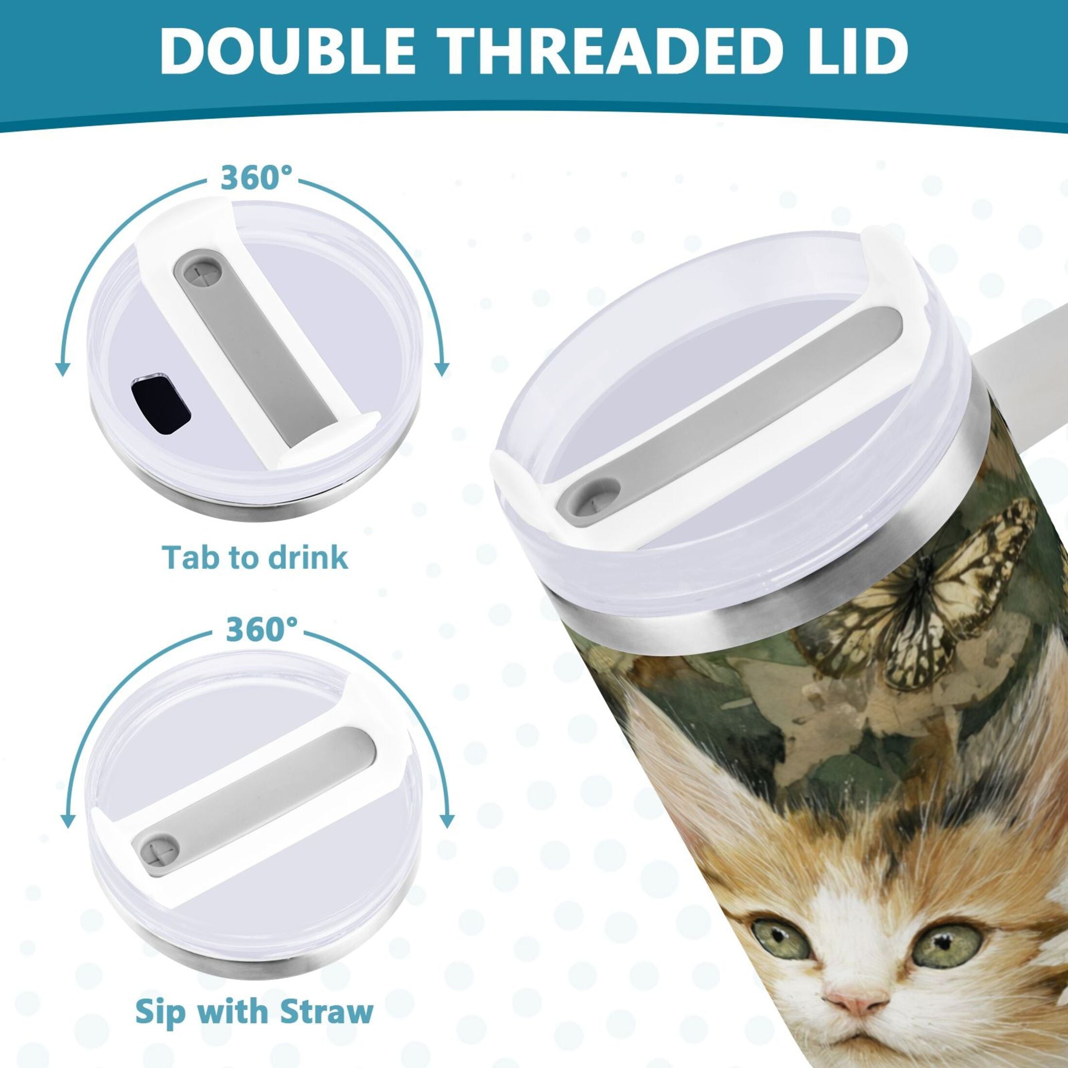 30 oz Insulated Stainless Steel Tumbler Double Wall Stainless Steel Tumbler with 2-Way Drinking Adorable Cats and Daisies [W0R8]