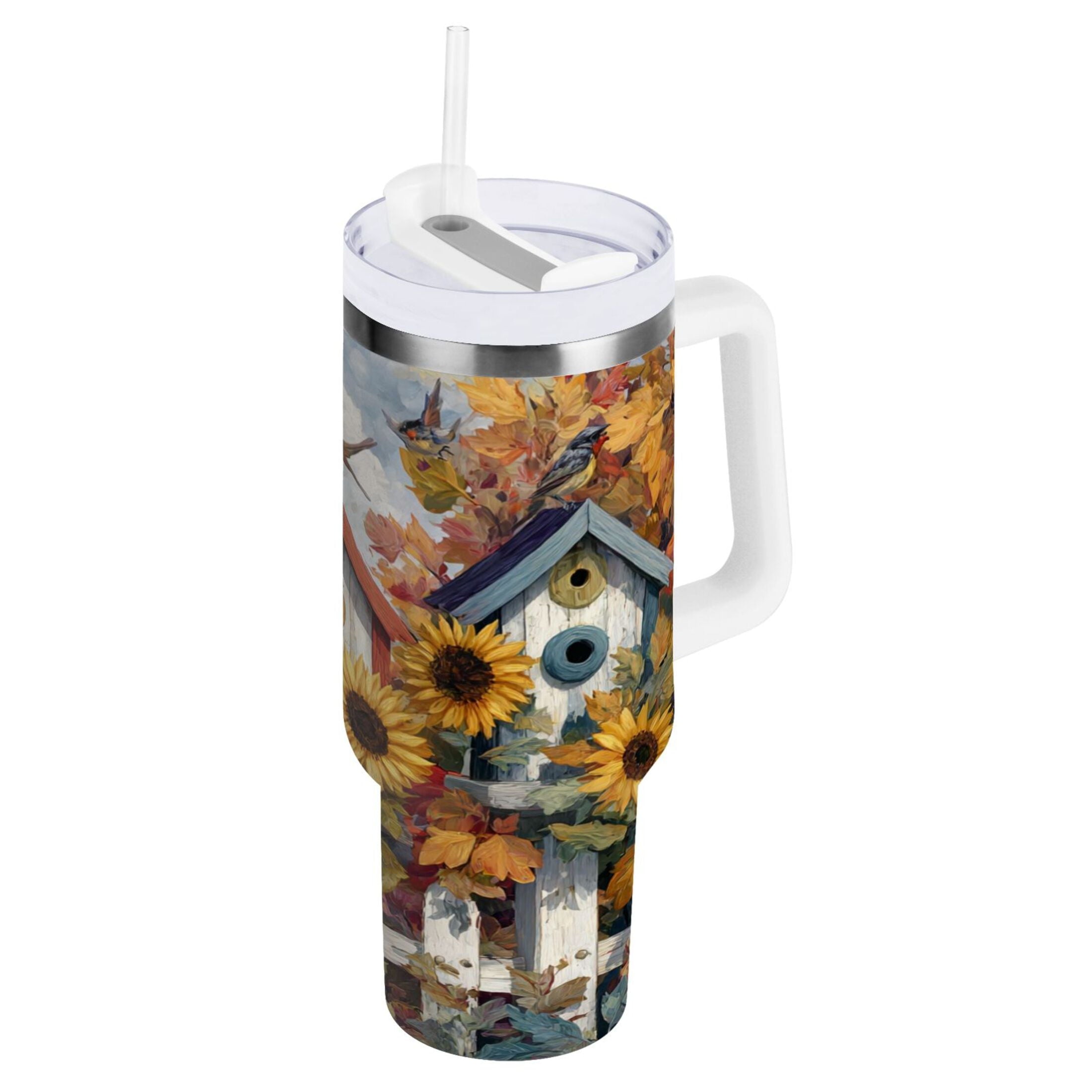 30 oz Insulated Stainless Steel Tumbler Double Wall Stainless Steel Tumbler with 2-Way Drinking Birdhouses with Sunflowers [4DM1]