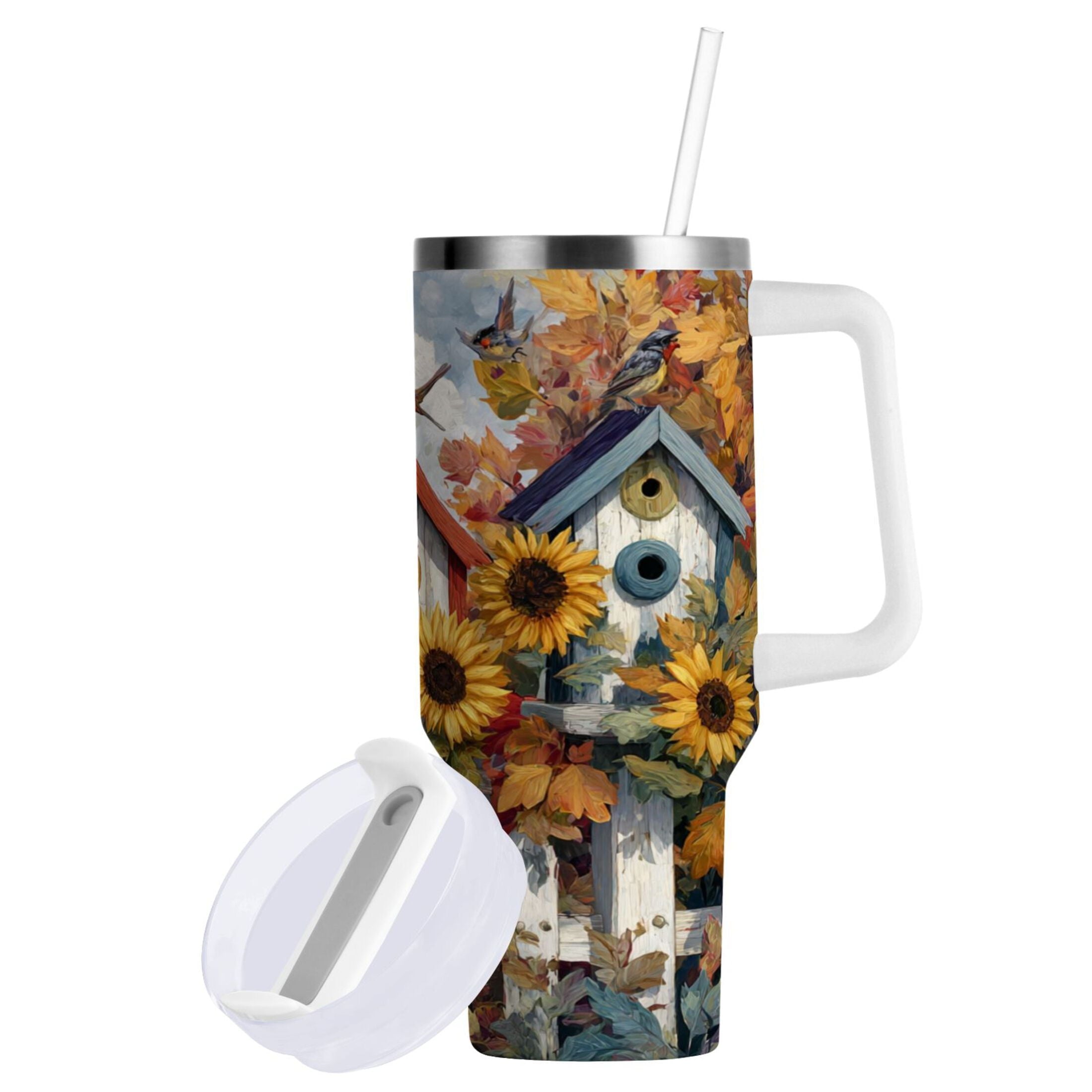 30 oz Insulated Stainless Steel Tumbler Double Wall Stainless Steel Tumbler with 2-Way Drinking Birdhouses with Sunflowers [4DM1]