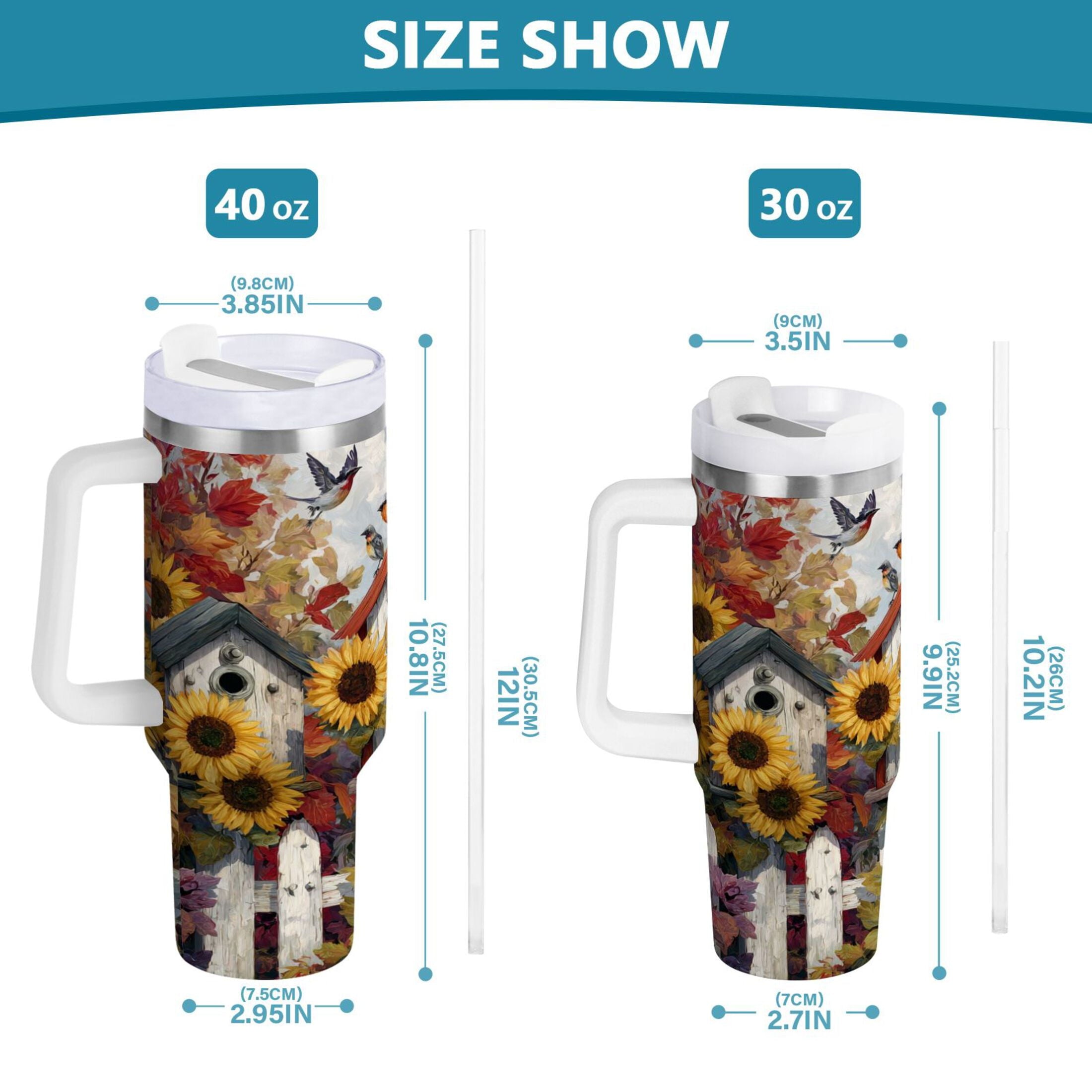 30 oz Insulated Stainless Steel Tumbler Double Wall Stainless Steel Tumbler with 2-Way Drinking Birdhouses with Sunflowers [4DM1]