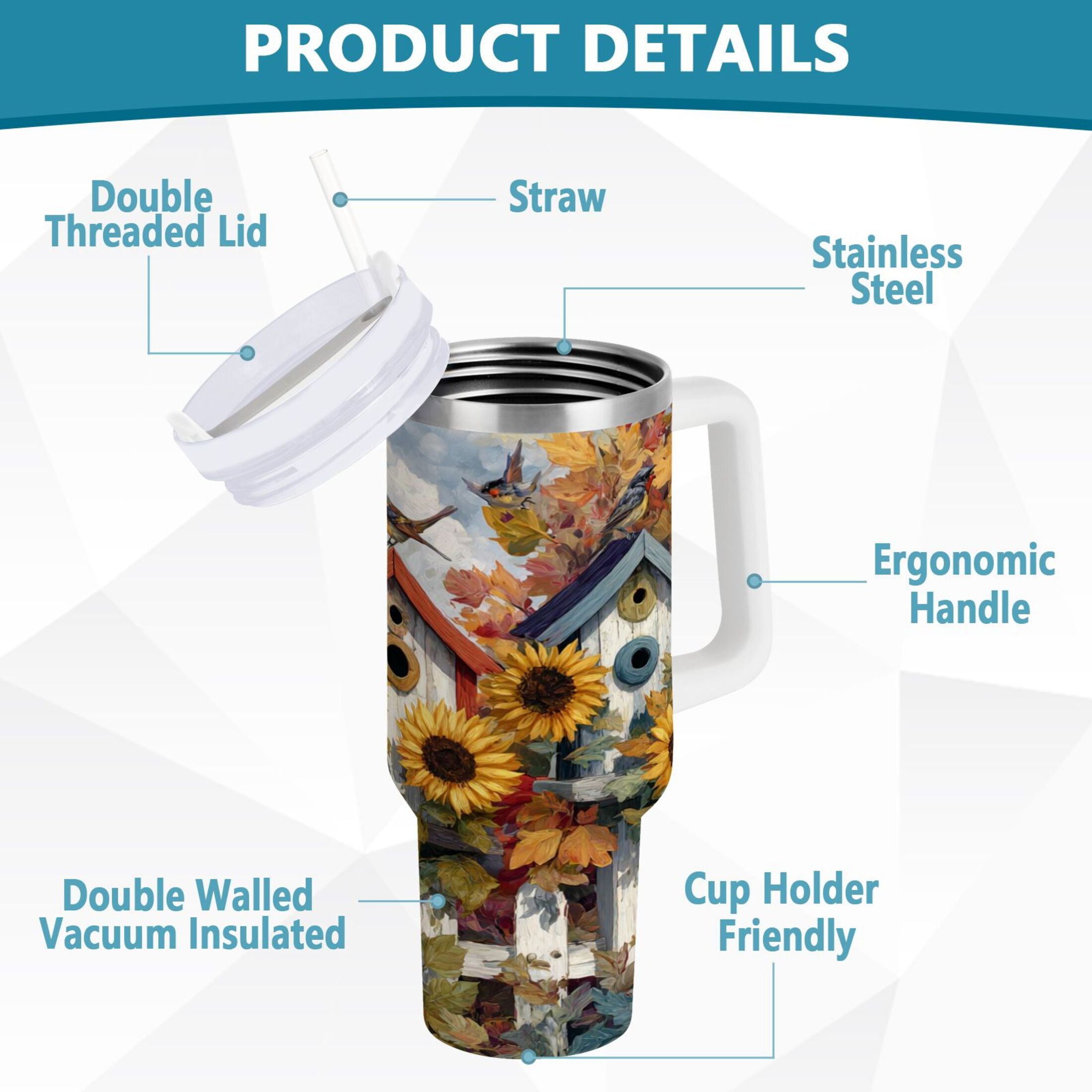 30 oz Insulated Stainless Steel Tumbler Double Wall Stainless Steel Tumbler with 2-Way Drinking Birdhouses with Sunflowers [4DM1]