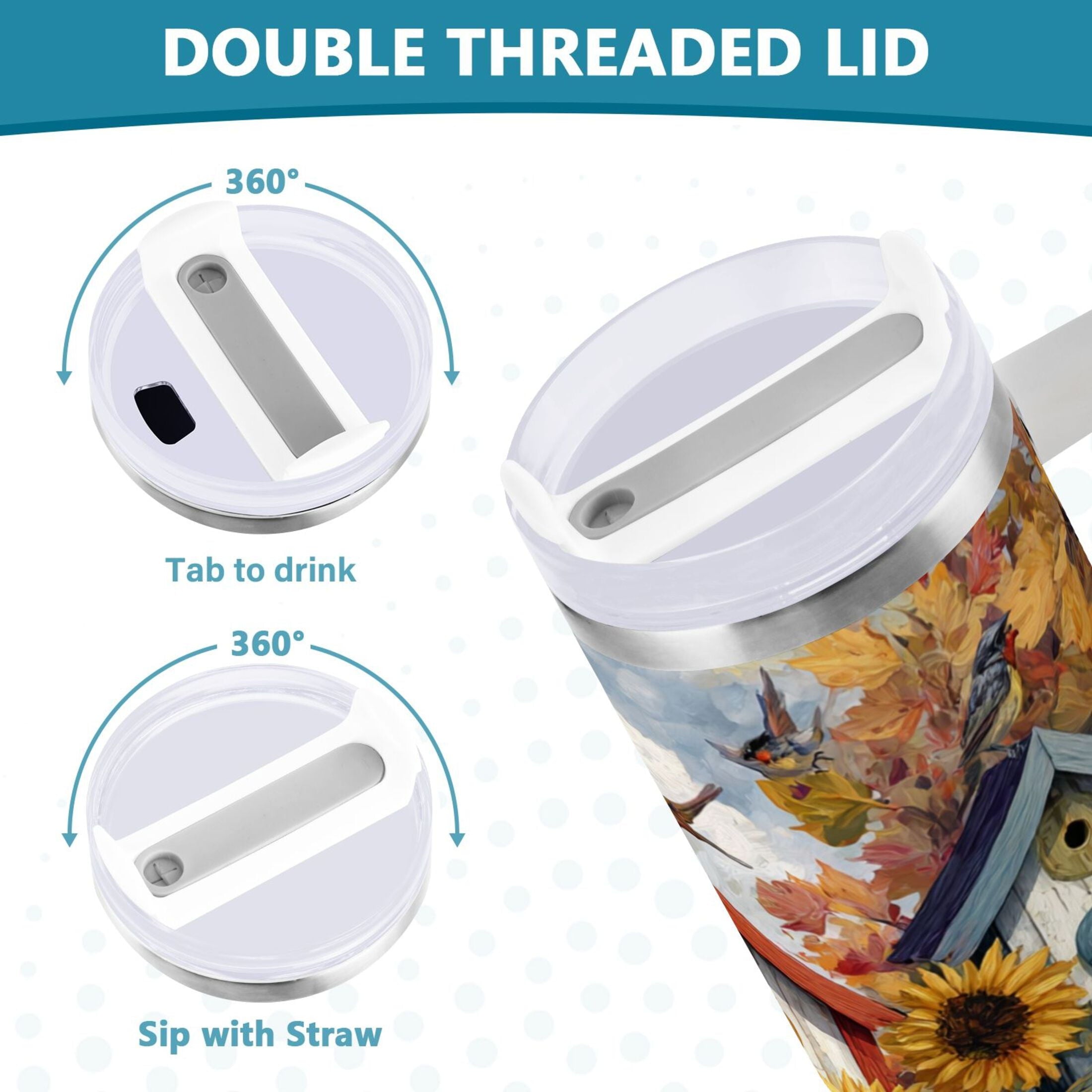30 oz Insulated Stainless Steel Tumbler Double Wall Stainless Steel Tumbler with 2-Way Drinking Birdhouses with Sunflowers [4DM1]