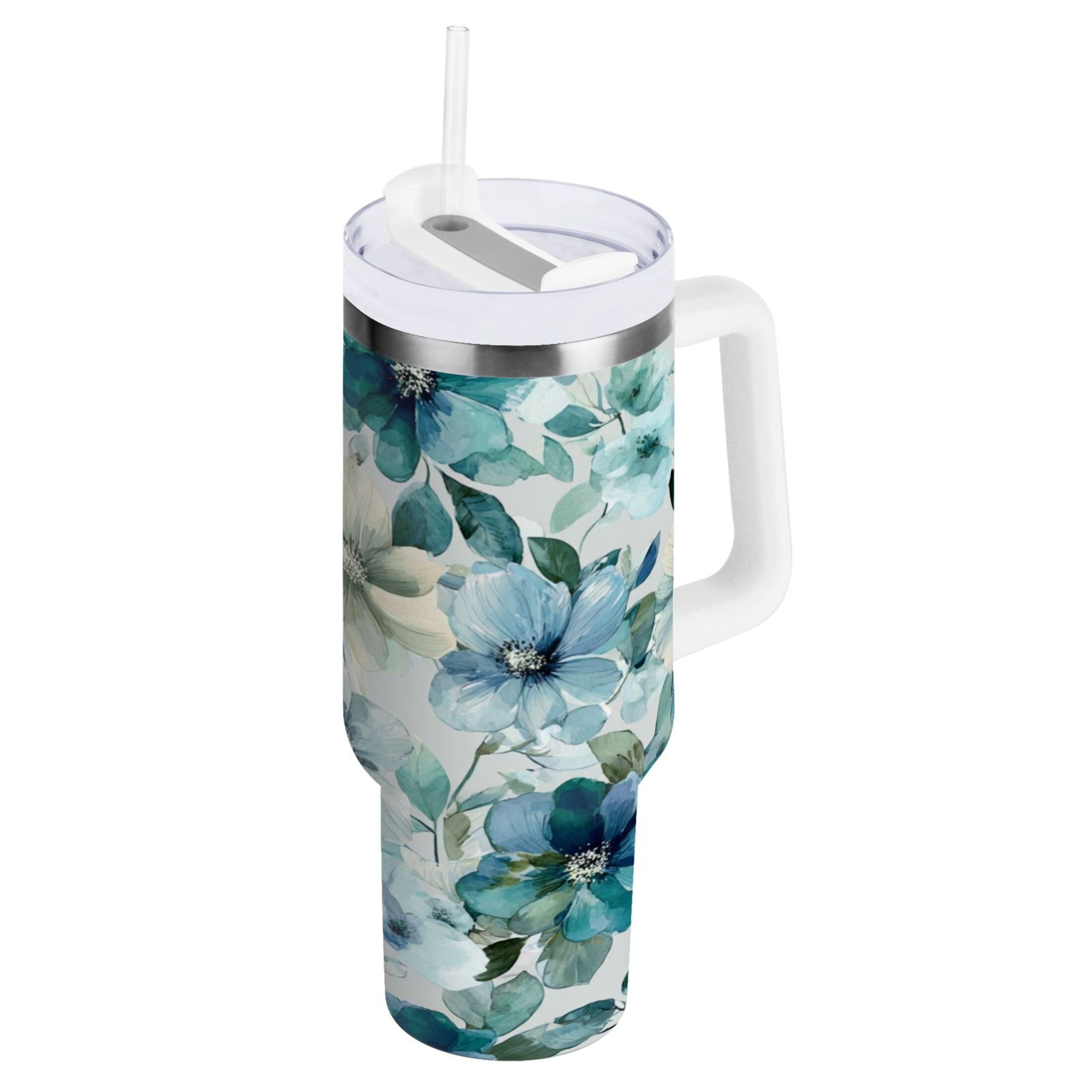 30 oz Insulated Stainless Steel Tumbler Double Wall Stainless Steel Tumbler with 2-Way Drinking Blue and Green Flowers [6SRZ]