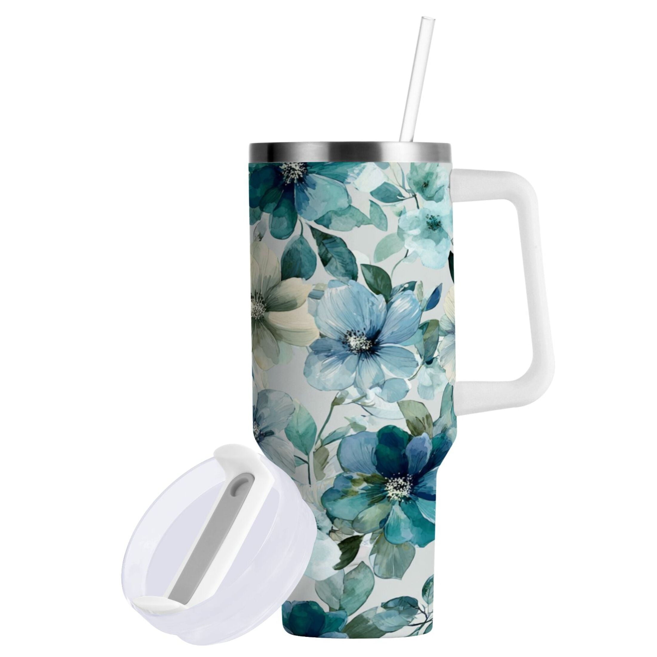30 oz Insulated Stainless Steel Tumbler Double Wall Stainless Steel Tumbler with 2-Way Drinking Blue and Green Flowers [6SRZ]