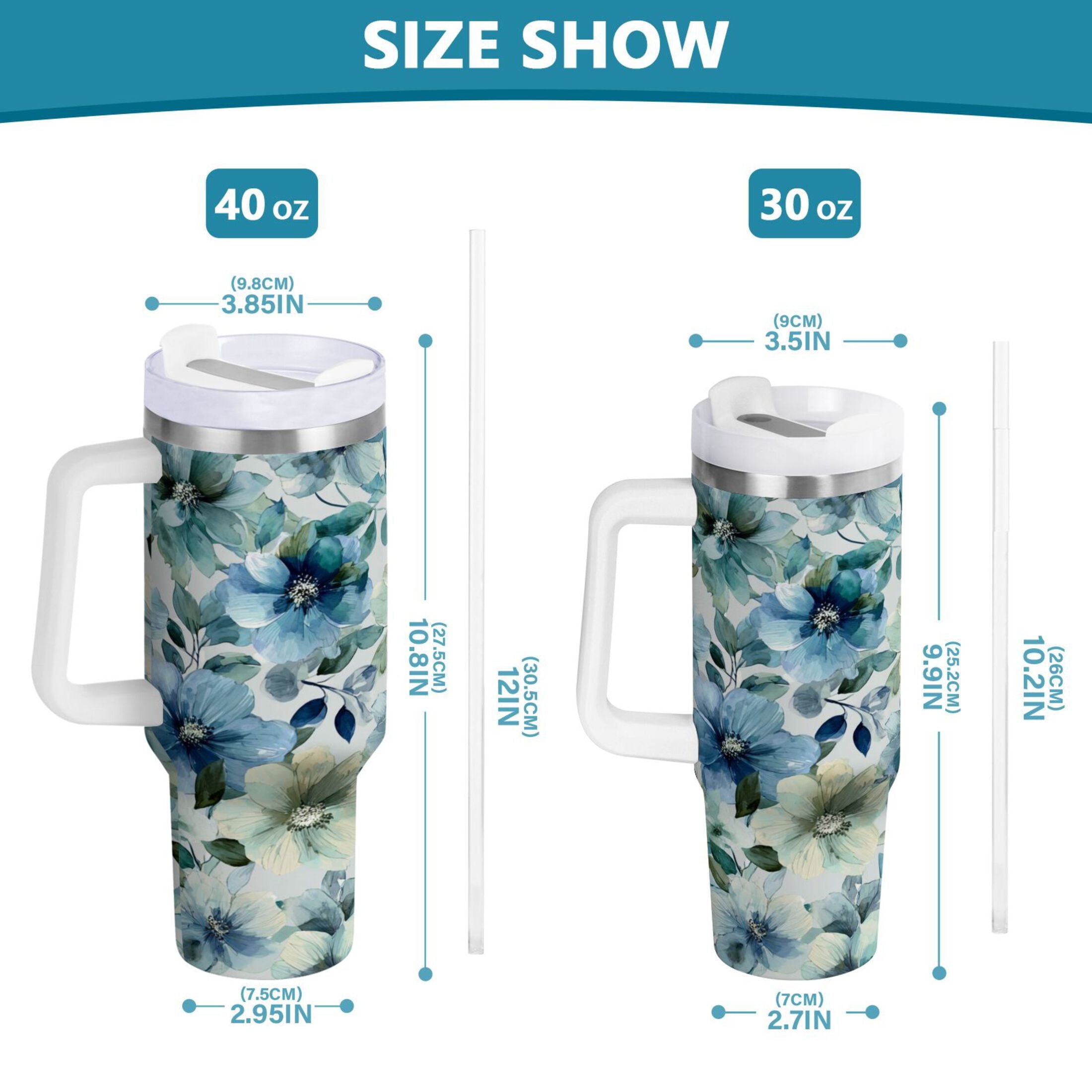 30 oz Insulated Stainless Steel Tumbler Double Wall Stainless Steel Tumbler with 2-Way Drinking Blue and Green Flowers [6SRZ]