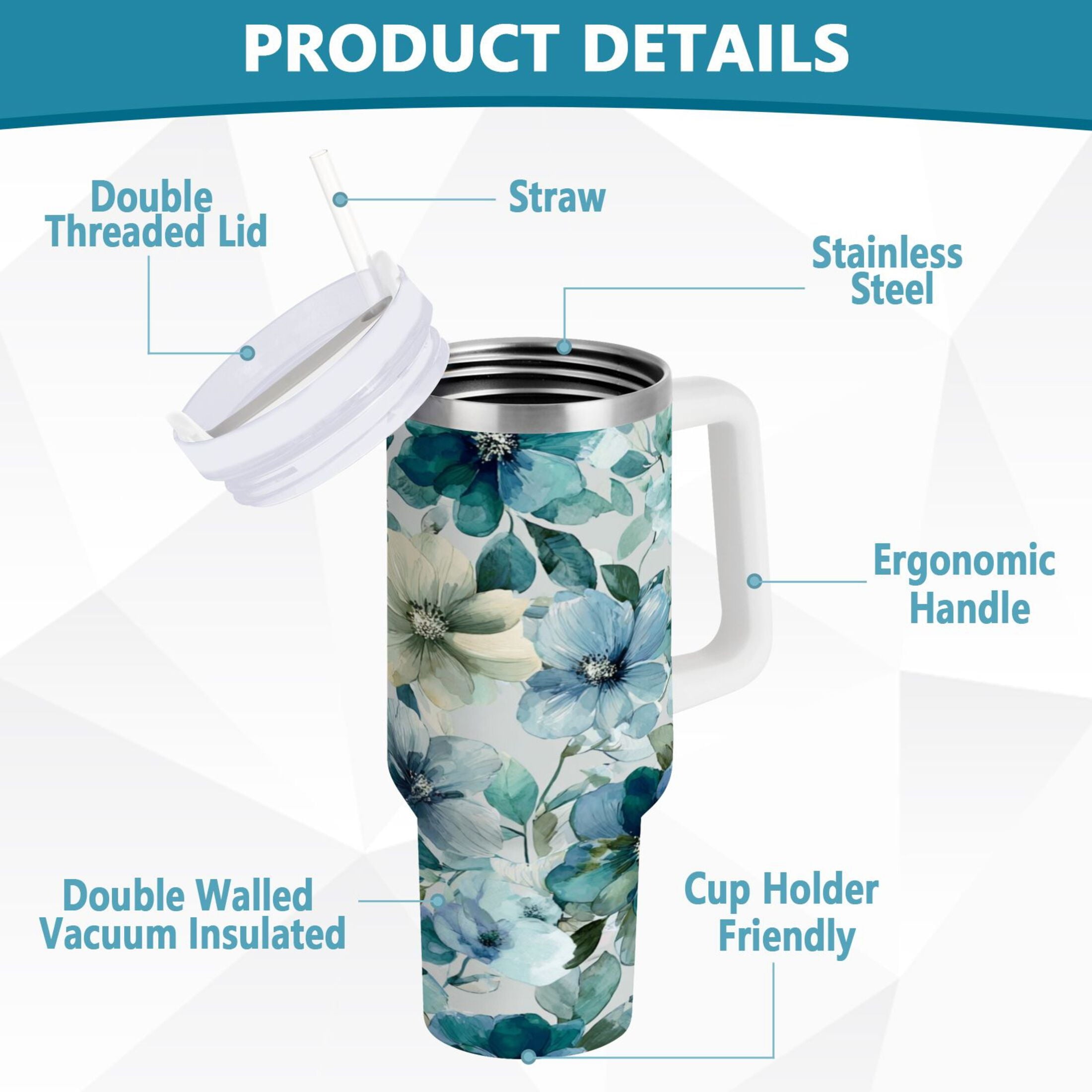 30 oz Insulated Stainless Steel Tumbler Double Wall Stainless Steel Tumbler with 2-Way Drinking Blue and Green Flowers [6SRZ]