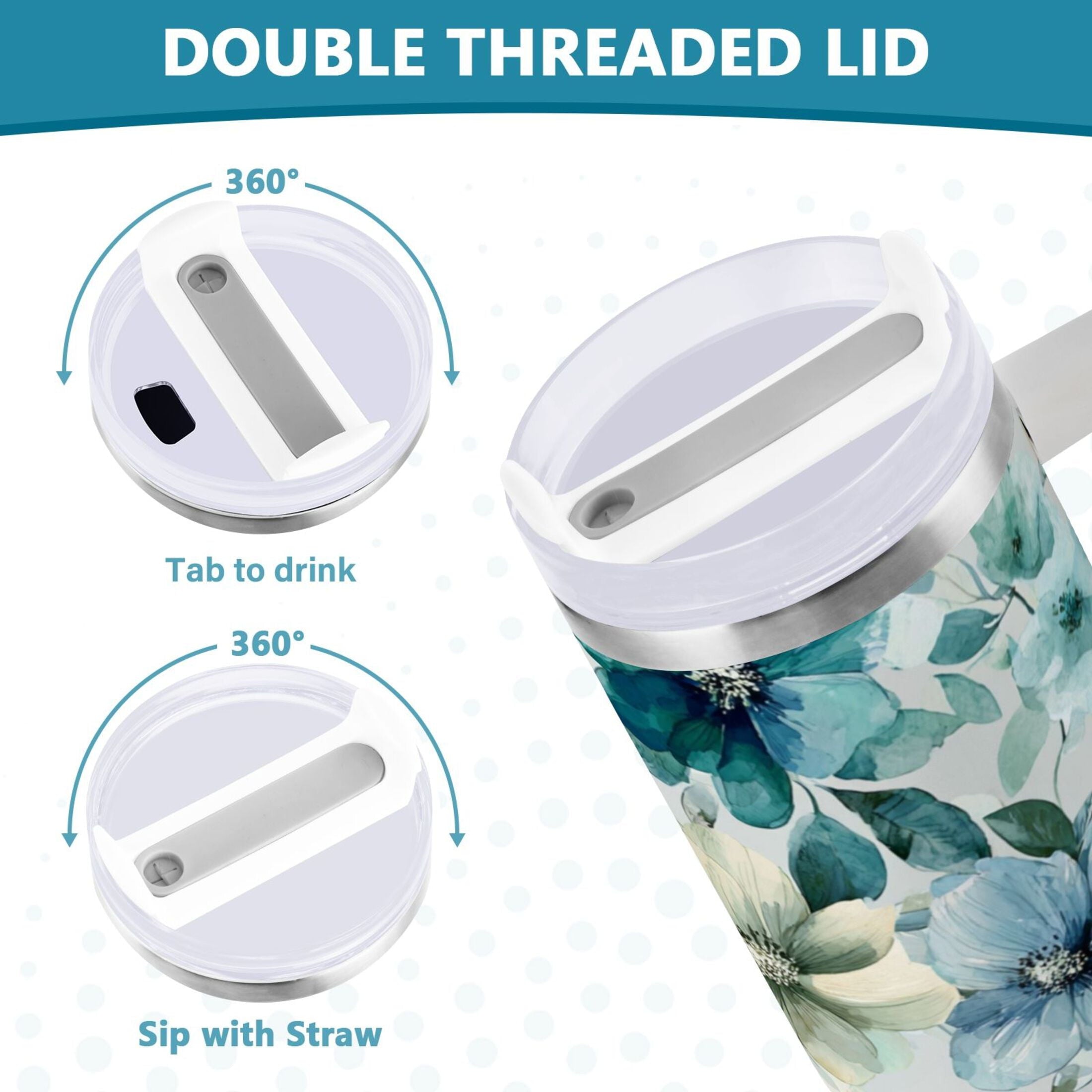 30 oz Insulated Stainless Steel Tumbler Double Wall Stainless Steel Tumbler with 2-Way Drinking Blue and Green Flowers [6SRZ]