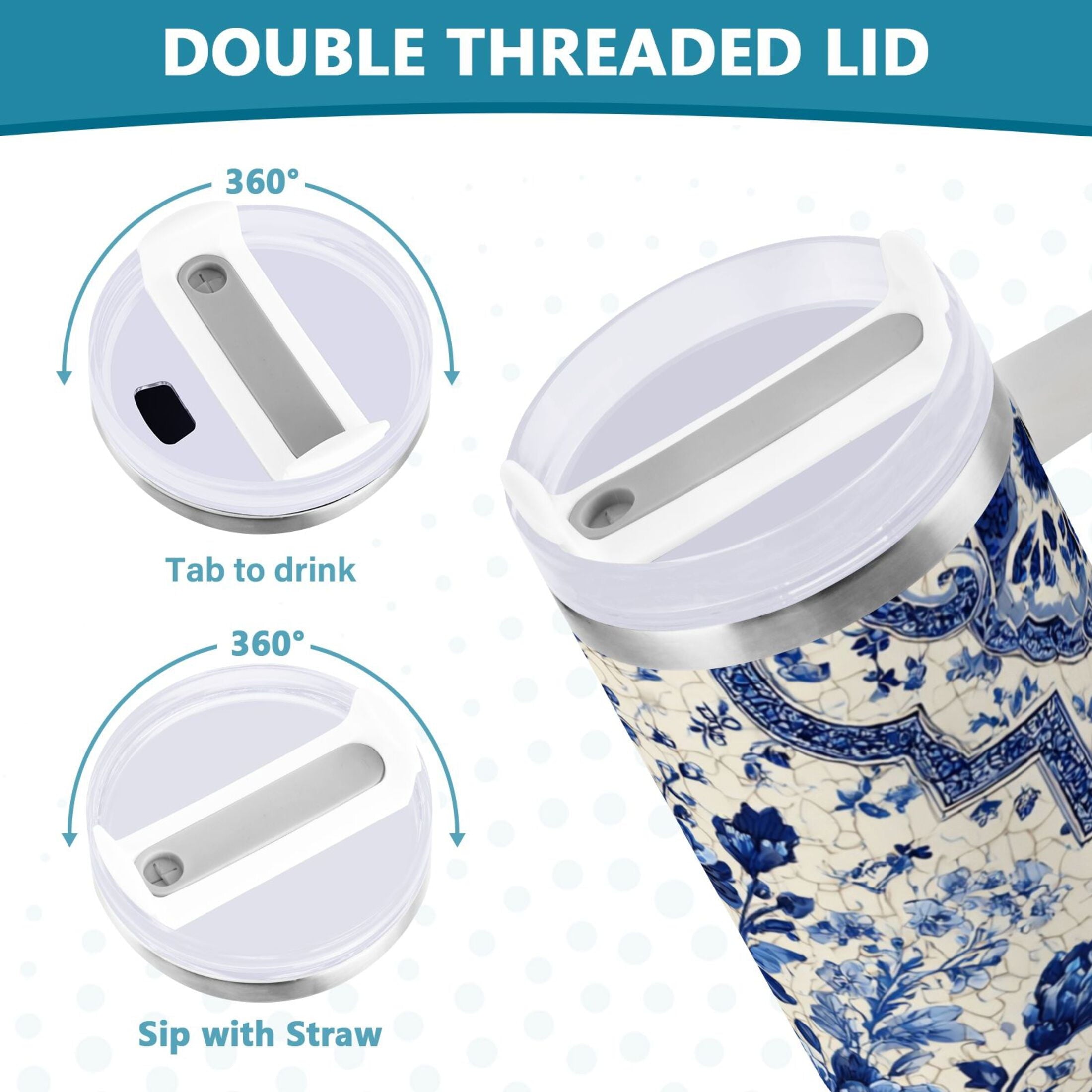30 oz Insulated Stainless Steel Tumbler Double Wall Stainless Steel Tumbler with 2-Way Drinking Blue and White Porcelain-style [ZABH]