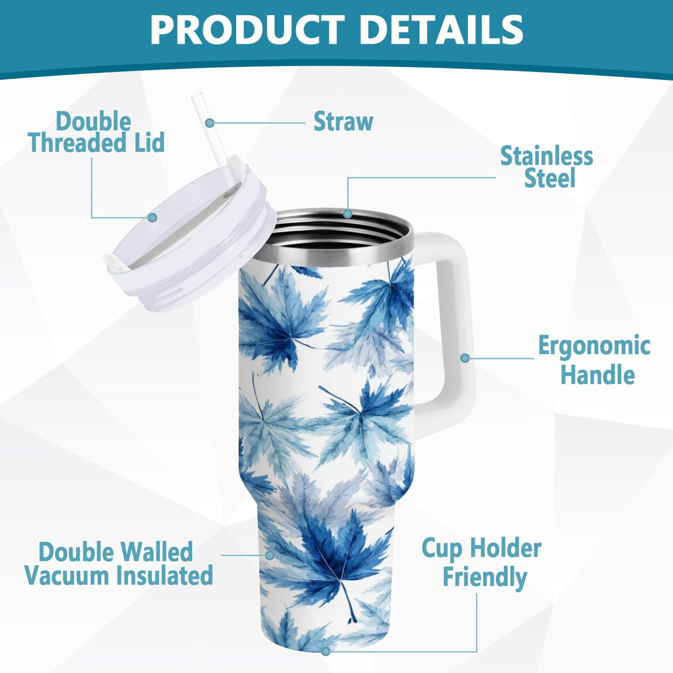 30 oz Insulated Stainless Steel Tumbler Double Wall Stainless Steel Tumbler with 2-Way Drinking Abstract Blue Maple Leaves [42LX]