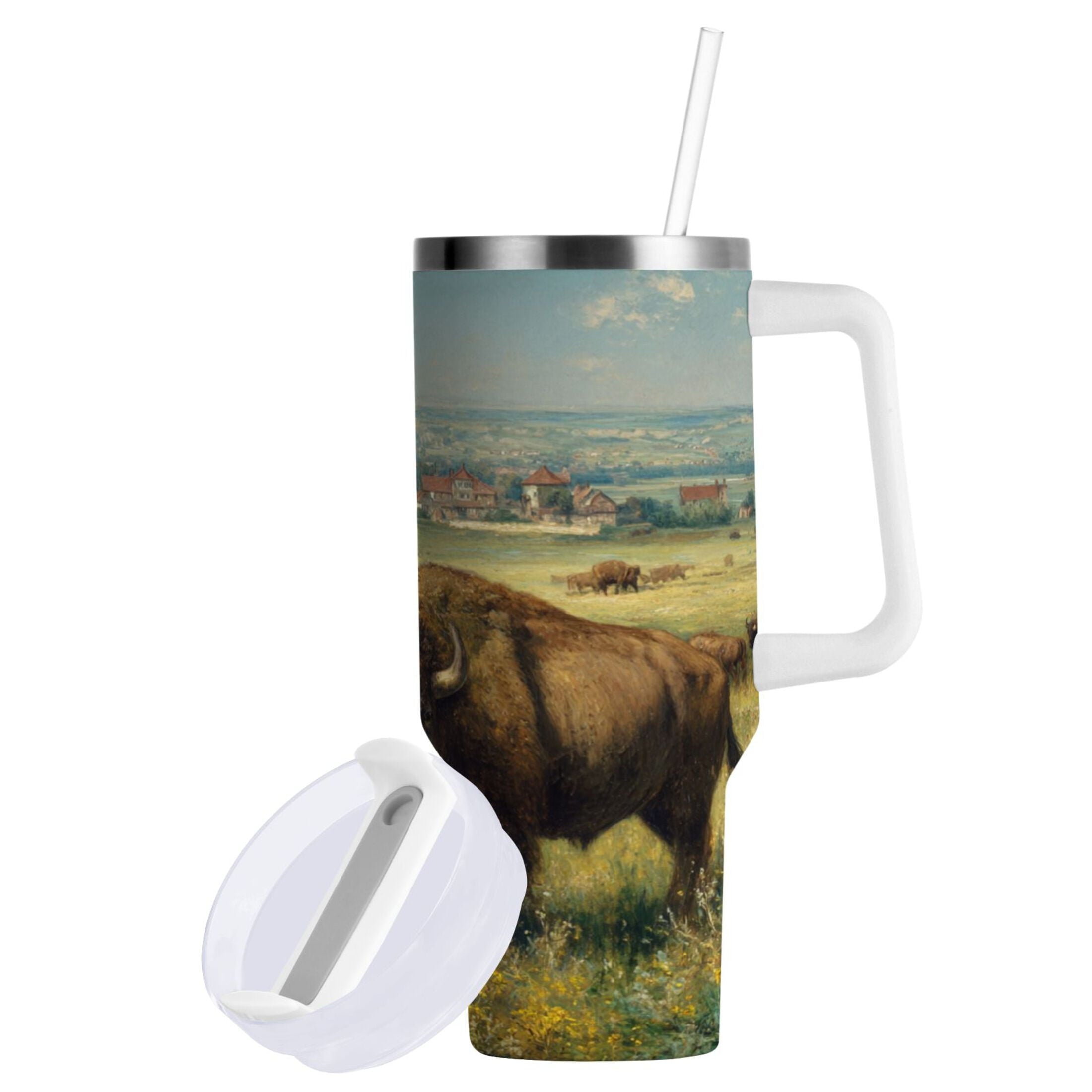 30 oz Insulated Stainless Steel Tumbler Double Wall Stainless Steel Tumbler with 2-Way Drinking Buffalo Herd Oil Painting [MF1S]
