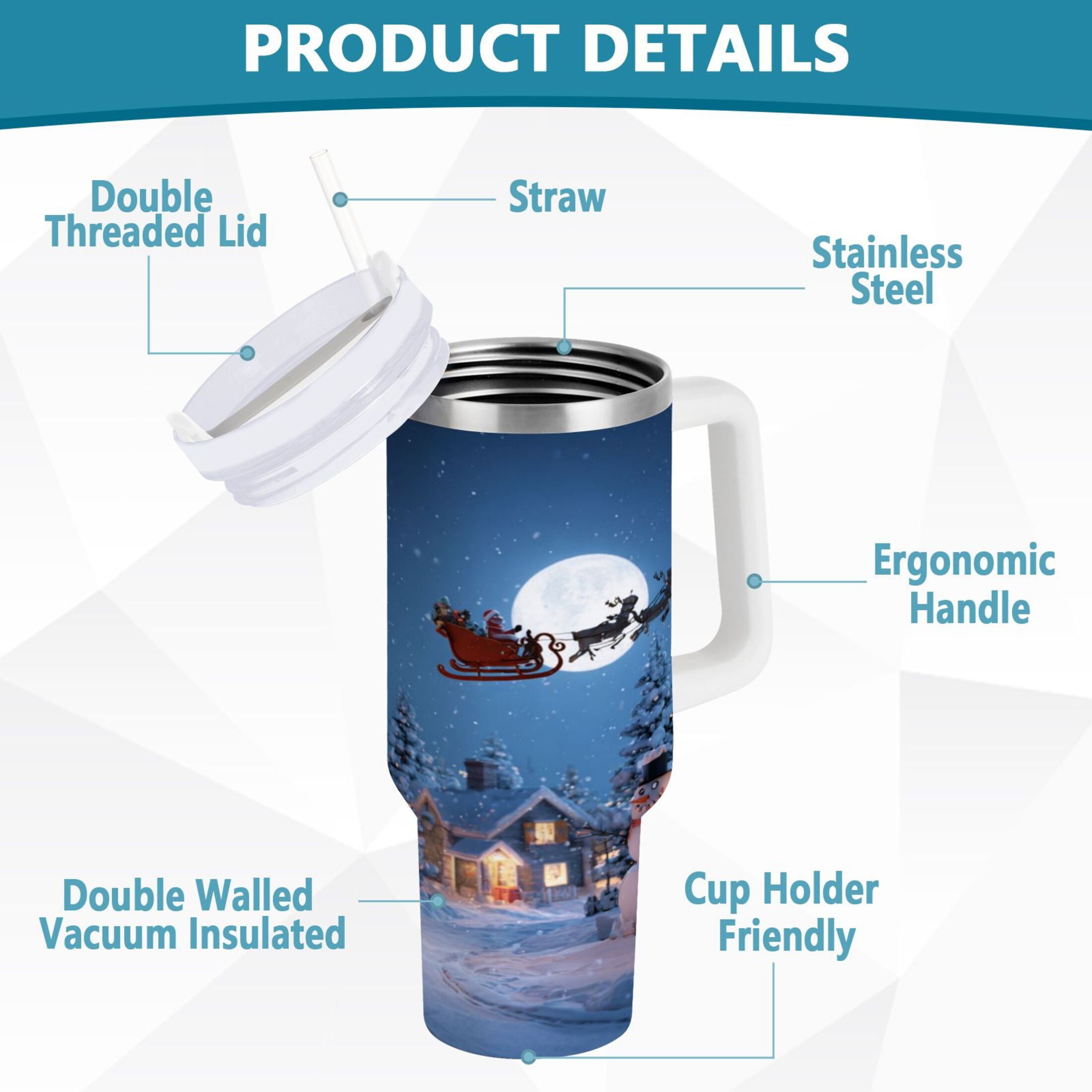 30 oz Insulated Stainless Steel Tumbler Double Wall Stainless Steel Tumbler with 2-Way Drinking Christmas Night Scene [2TZG]