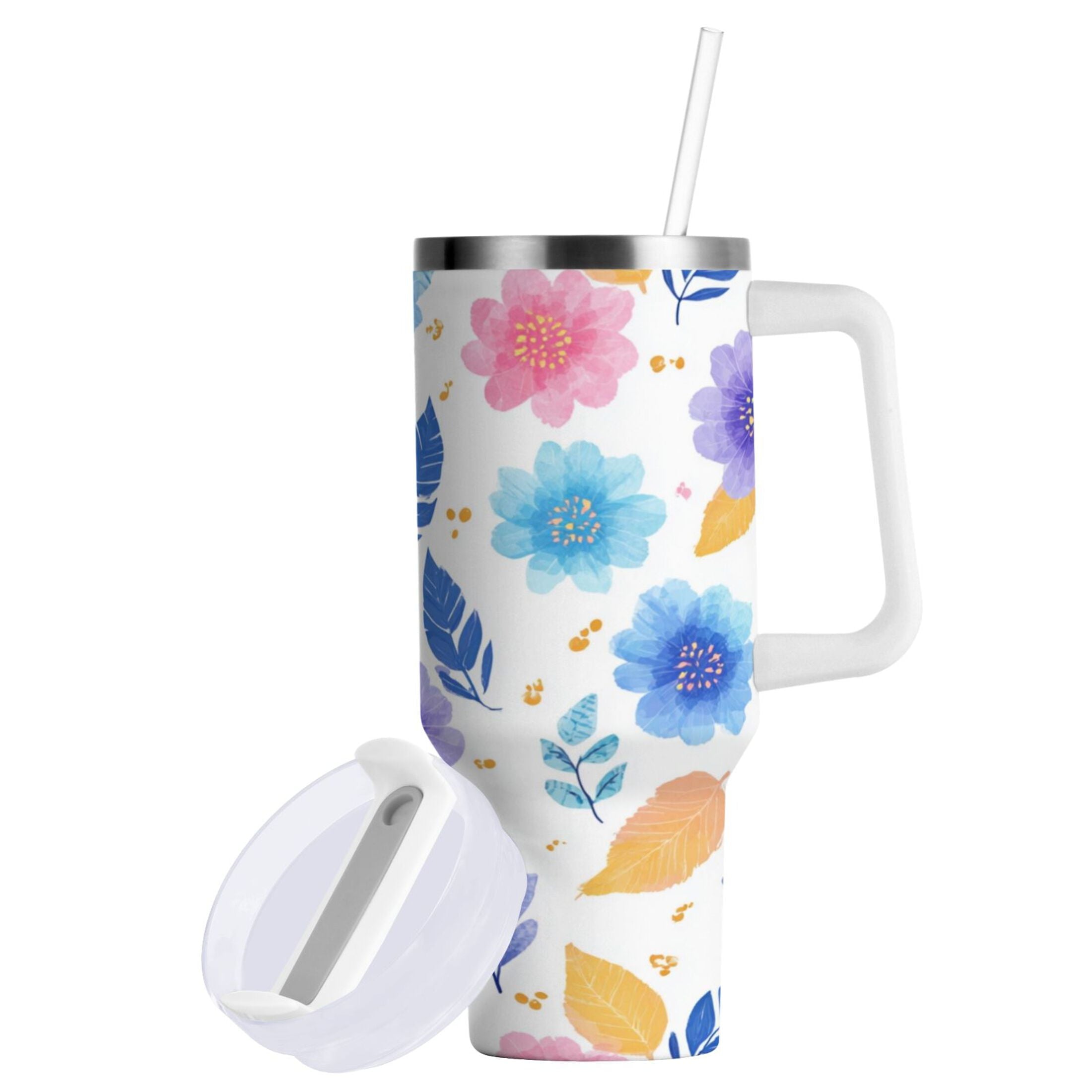 30 oz Insulated Stainless Steel Tumbler Double Wall Stainless Steel Tumbler with 2-Way Drinking Blue and Purple Flowers [XC98]