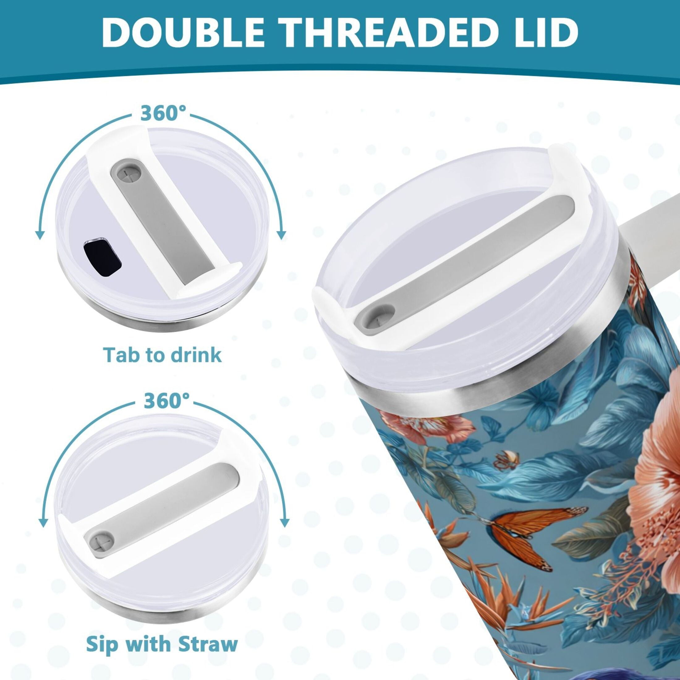 30 oz Insulated Stainless Steel Tumbler Double Wall Stainless Steel Tumbler with 2-Way Drinking Birds and Flowers [JKCJ]