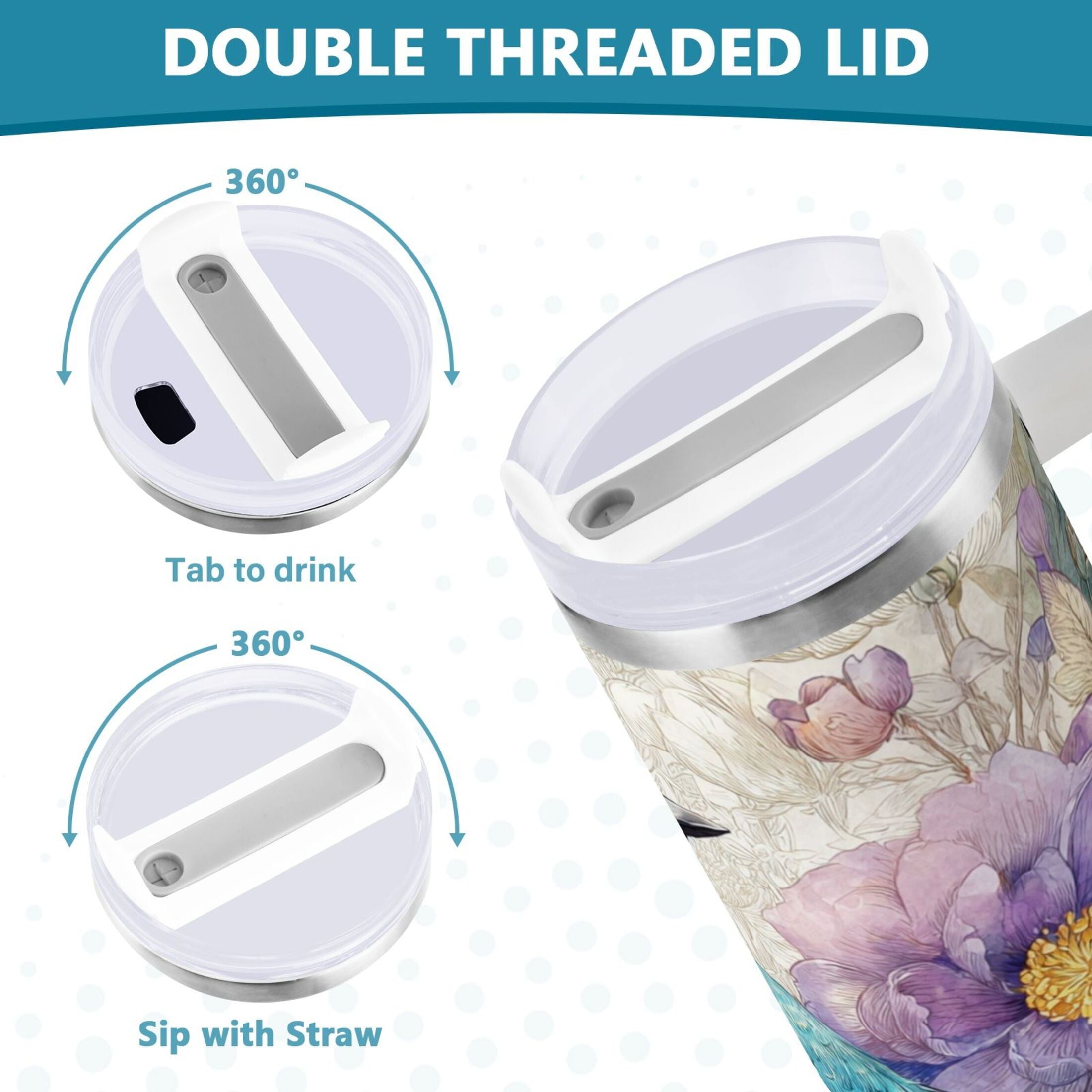 30 oz Insulated Stainless Steel Tumbler Double Wall Stainless Steel Tumbler with 2-Way Drinking Bluebird and Flower [LQBZ]