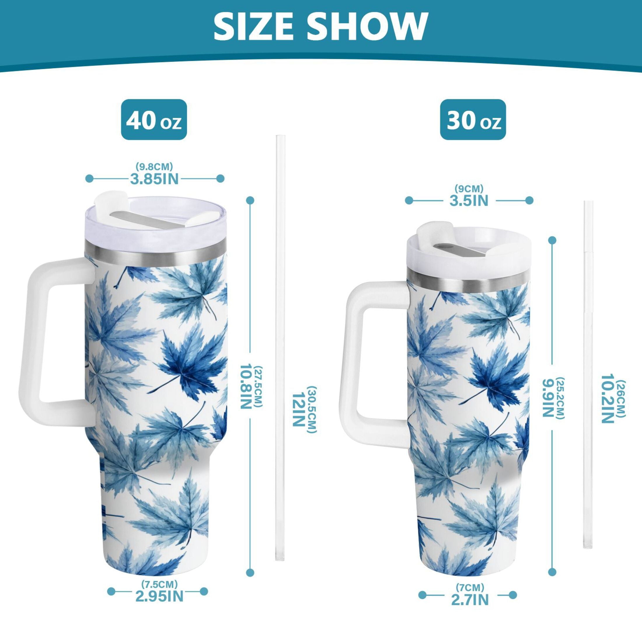 30 oz Insulated Stainless Steel Tumbler Double Wall Stainless Steel Tumbler with 2-Way Drinking Abstract Blue Maple Leaves [42LX]