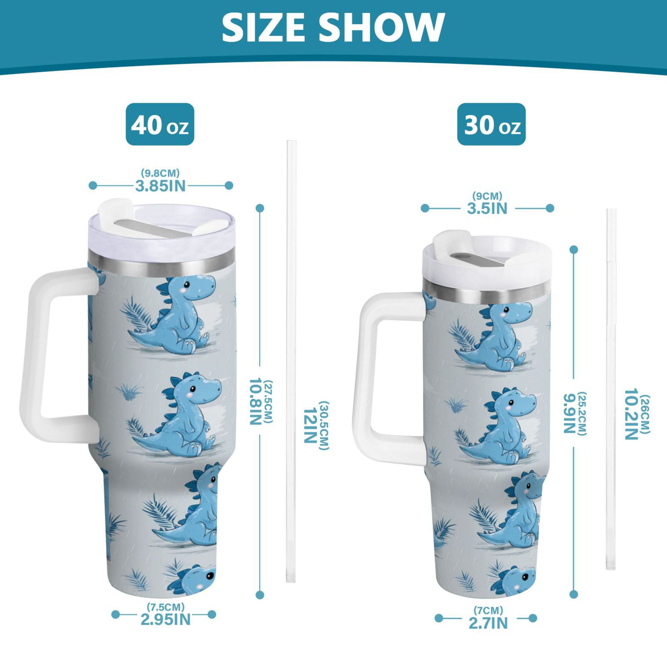30 oz Insulated Stainless Steel Tumbler Double Wall Stainless Steel Tumbler with 2-Way Drinking Cartoon Blue Dinosaurs [2T1W]