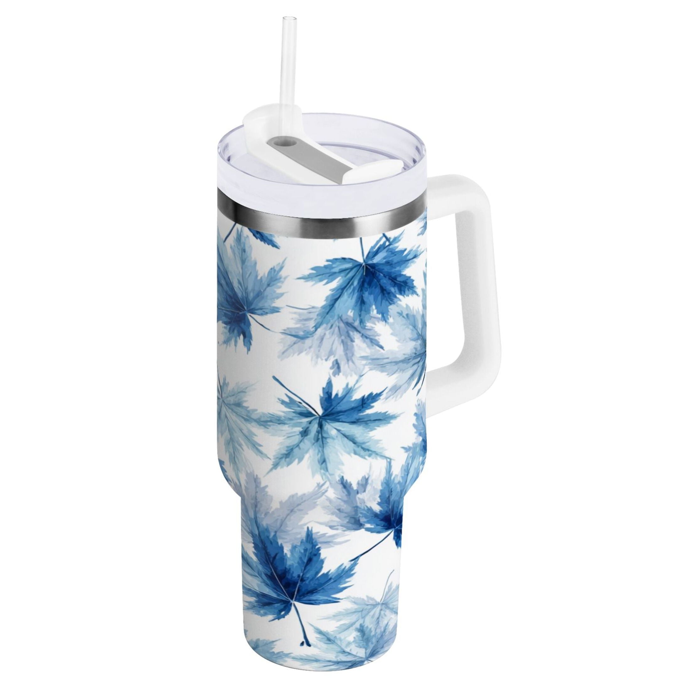30 oz Insulated Stainless Steel Tumbler Double Wall Stainless Steel Tumbler with 2-Way Drinking Abstract Blue Maple Leaves [42LX]