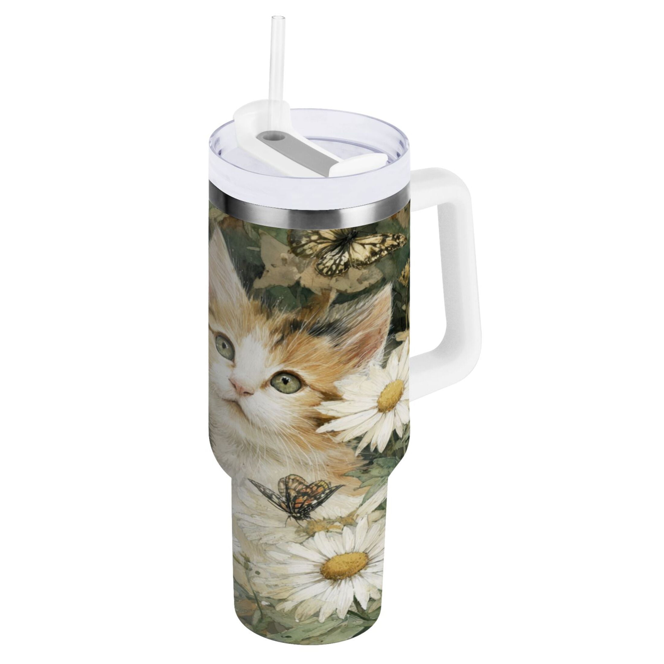 30 oz Insulated Stainless Steel Tumbler Double Wall Stainless Steel Tumbler with 2-Way Drinking Adorable Cats and Daisies [W0R8]