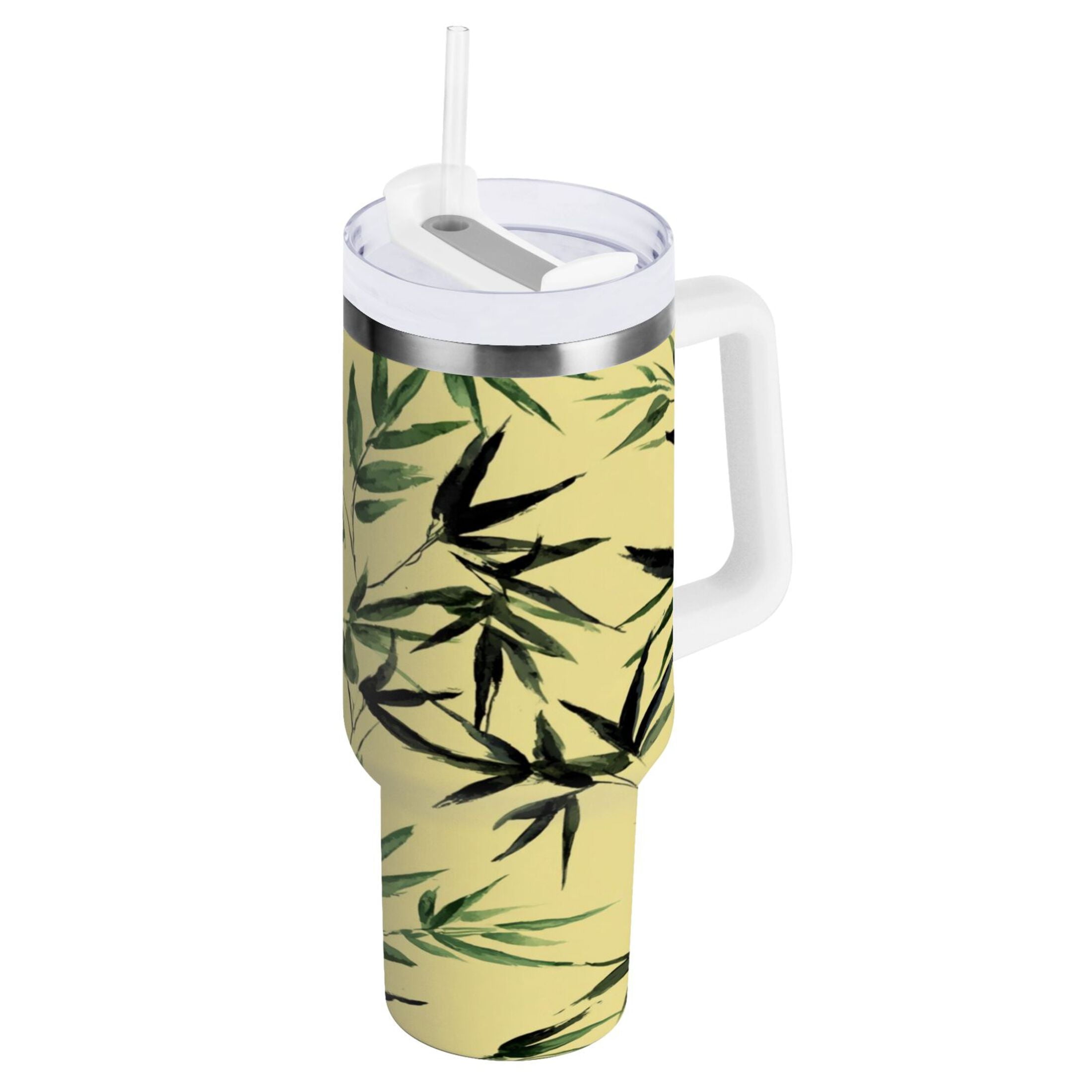 30 oz Insulated Stainless Steel Tumbler Double Wall Stainless Steel Tumbler with 2-Way Drinking Bamboo and Green Leaves [8LM6]