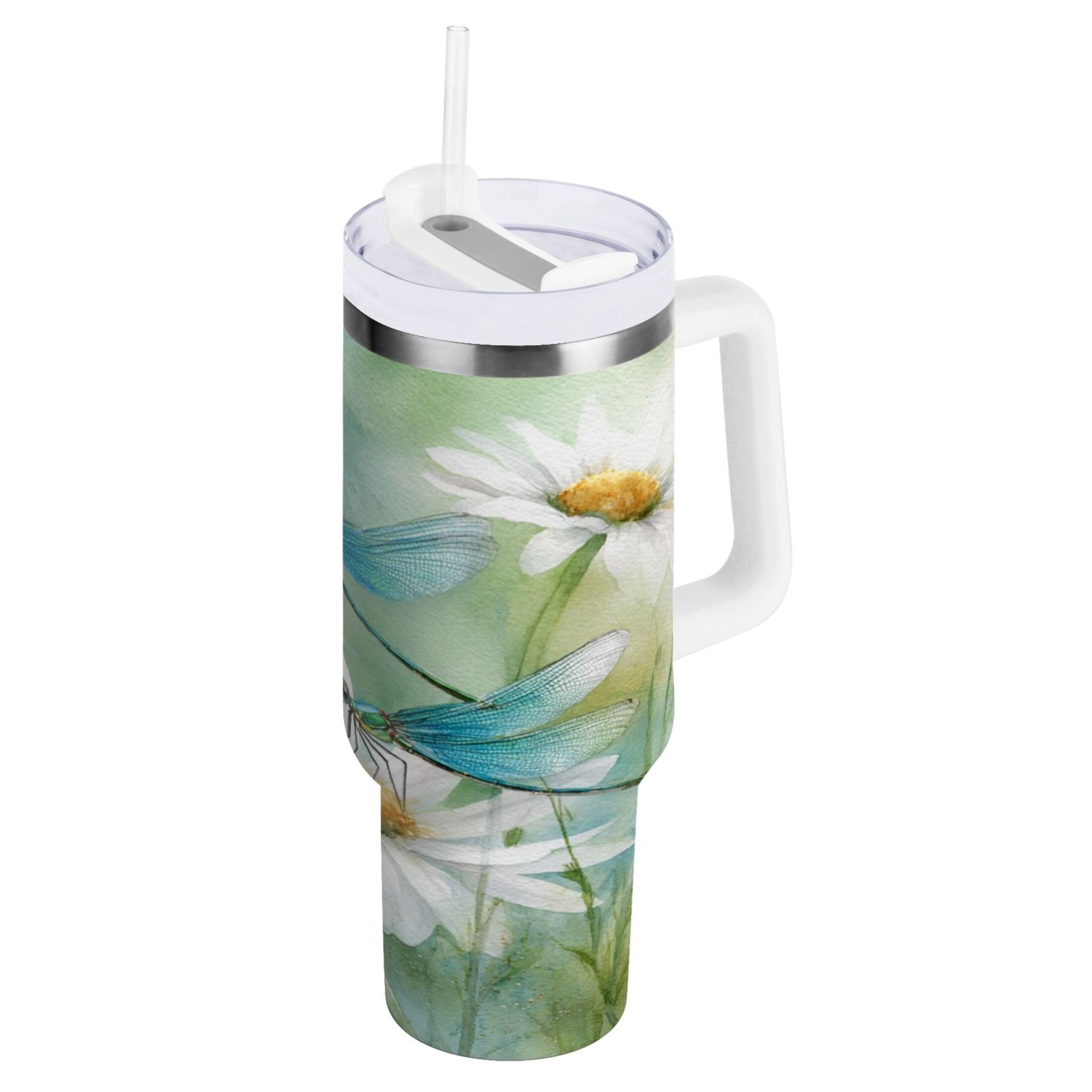 30 oz Insulated Stainless Steel Tumbler Double Wall Stainless Steel Tumbler with 2-Way Drinking Beautiful Dragonflies and Daisies [0V40]