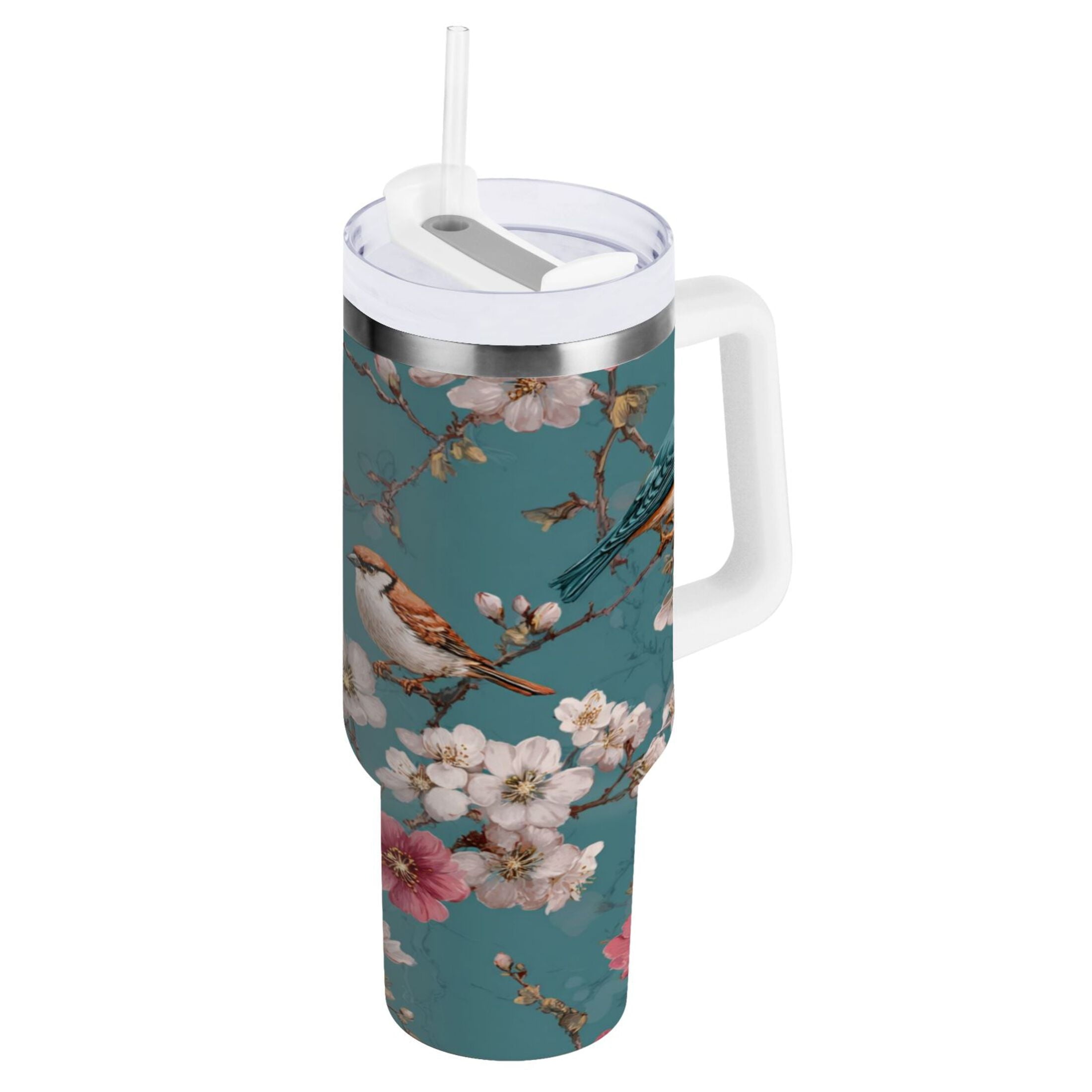30 oz Insulated Stainless Steel Tumbler Double Wall Stainless Steel Tumbler with 2-Way Drinking Birds and Cherry Pattern [M5HK]