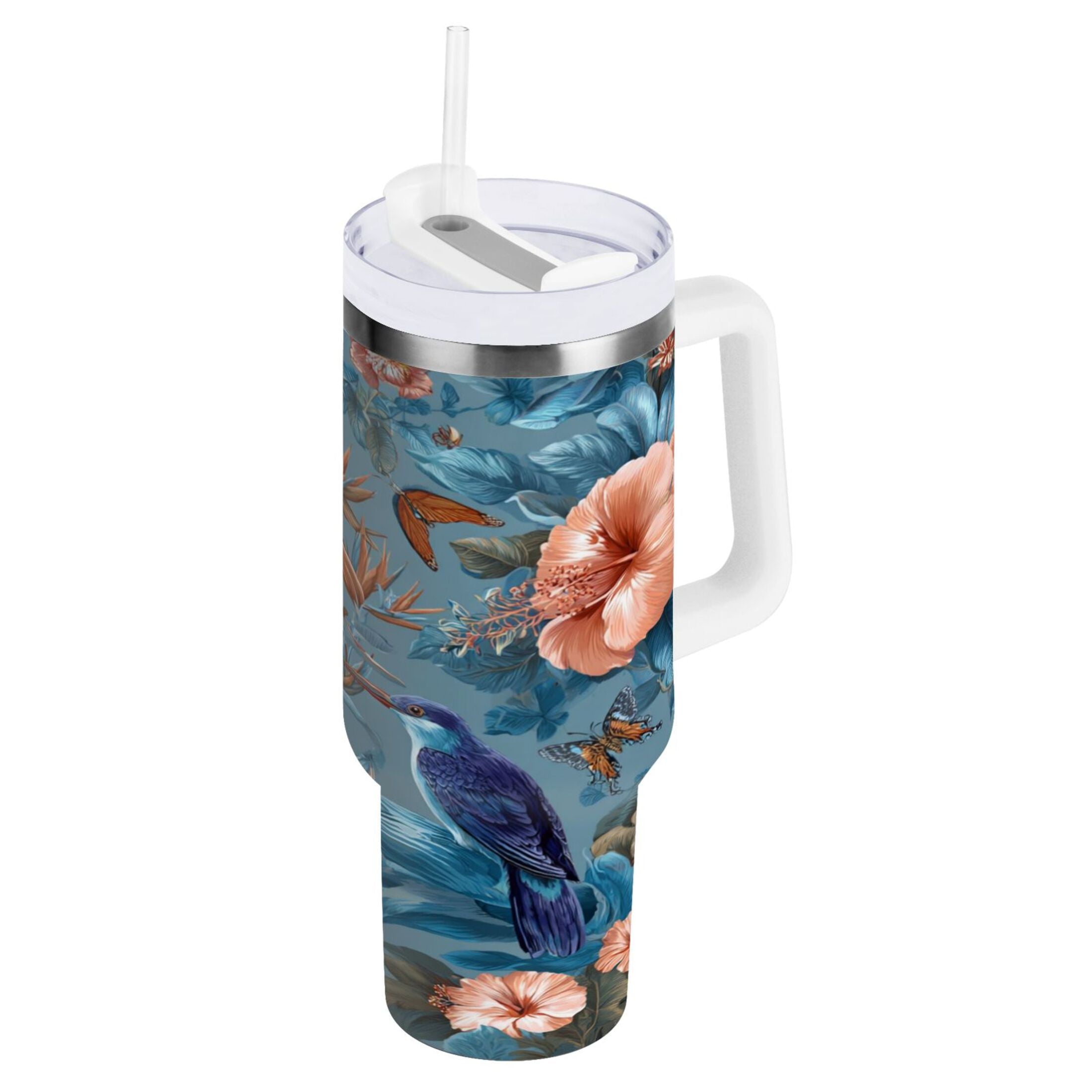 30 oz Insulated Stainless Steel Tumbler Double Wall Stainless Steel Tumbler with 2-Way Drinking Birds and Flowers [JKCJ]