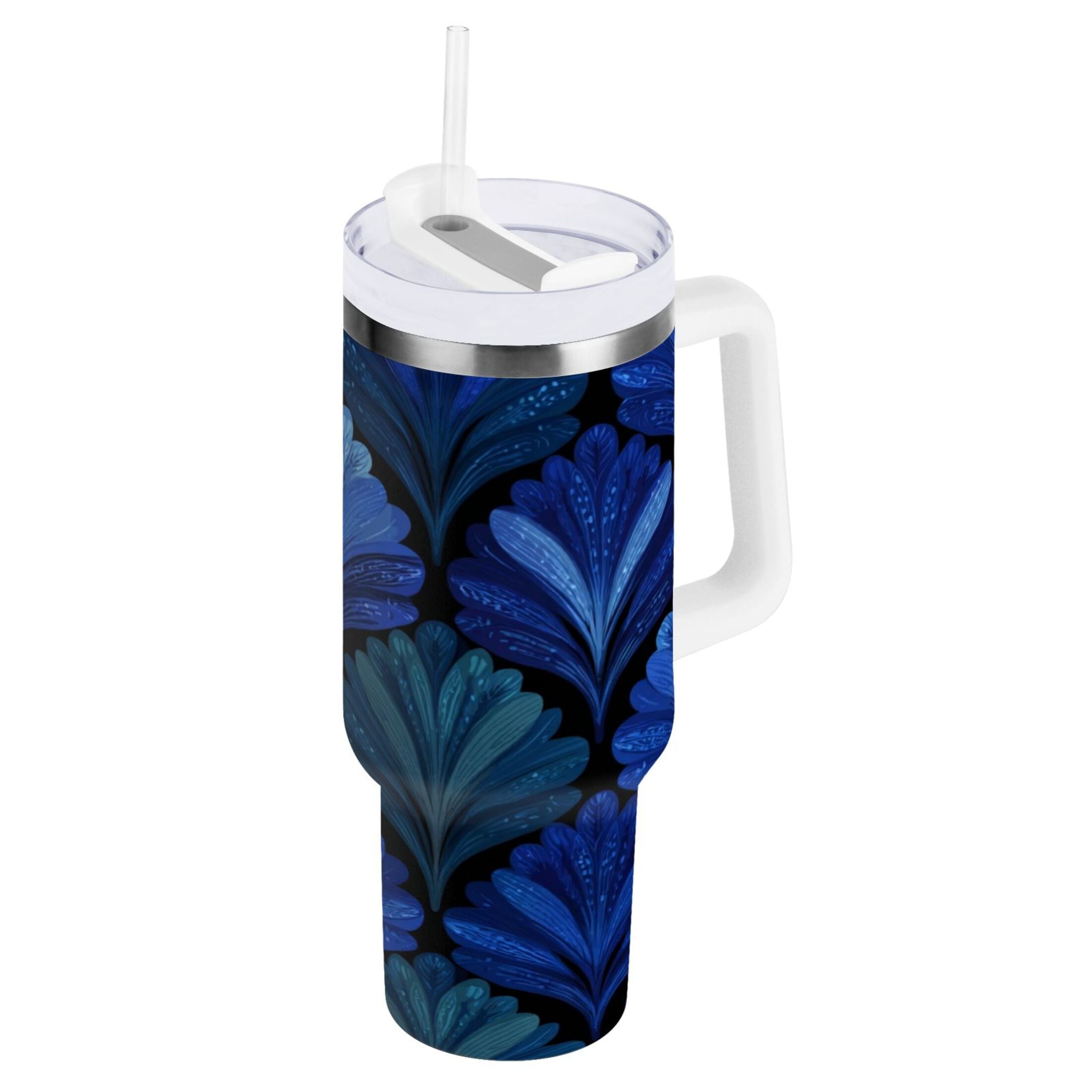 30 oz Insulated Stainless Steel Tumbler Double Wall Stainless Steel Tumbler with 2-Way Drinking Blue Batik Leaves Pattern [SEV6]