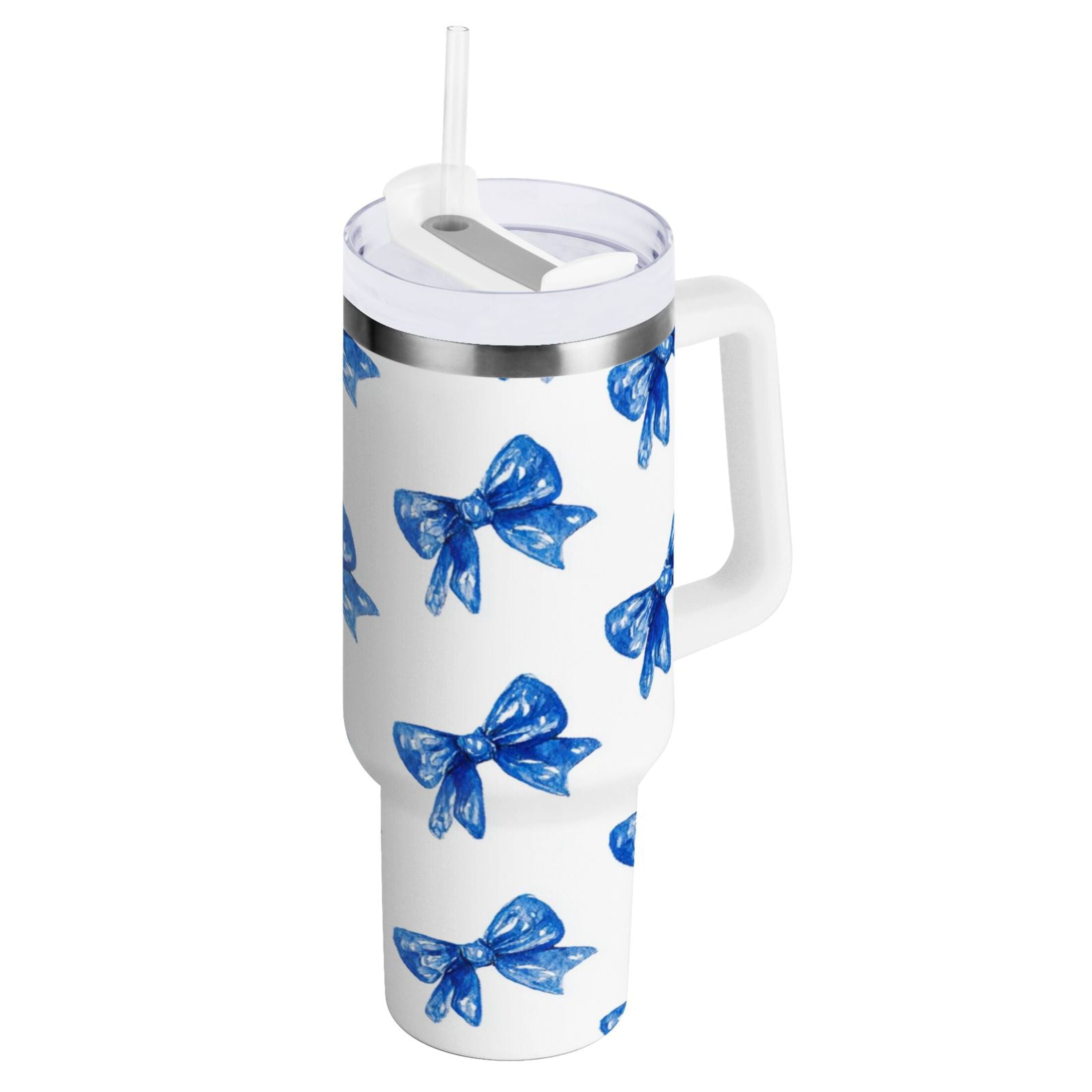 30 oz Insulated Stainless Steel Tumbler Double Wall Stainless Steel Tumbler with 2-Way Drinking Blue Bows Pattern [PR2Y]
