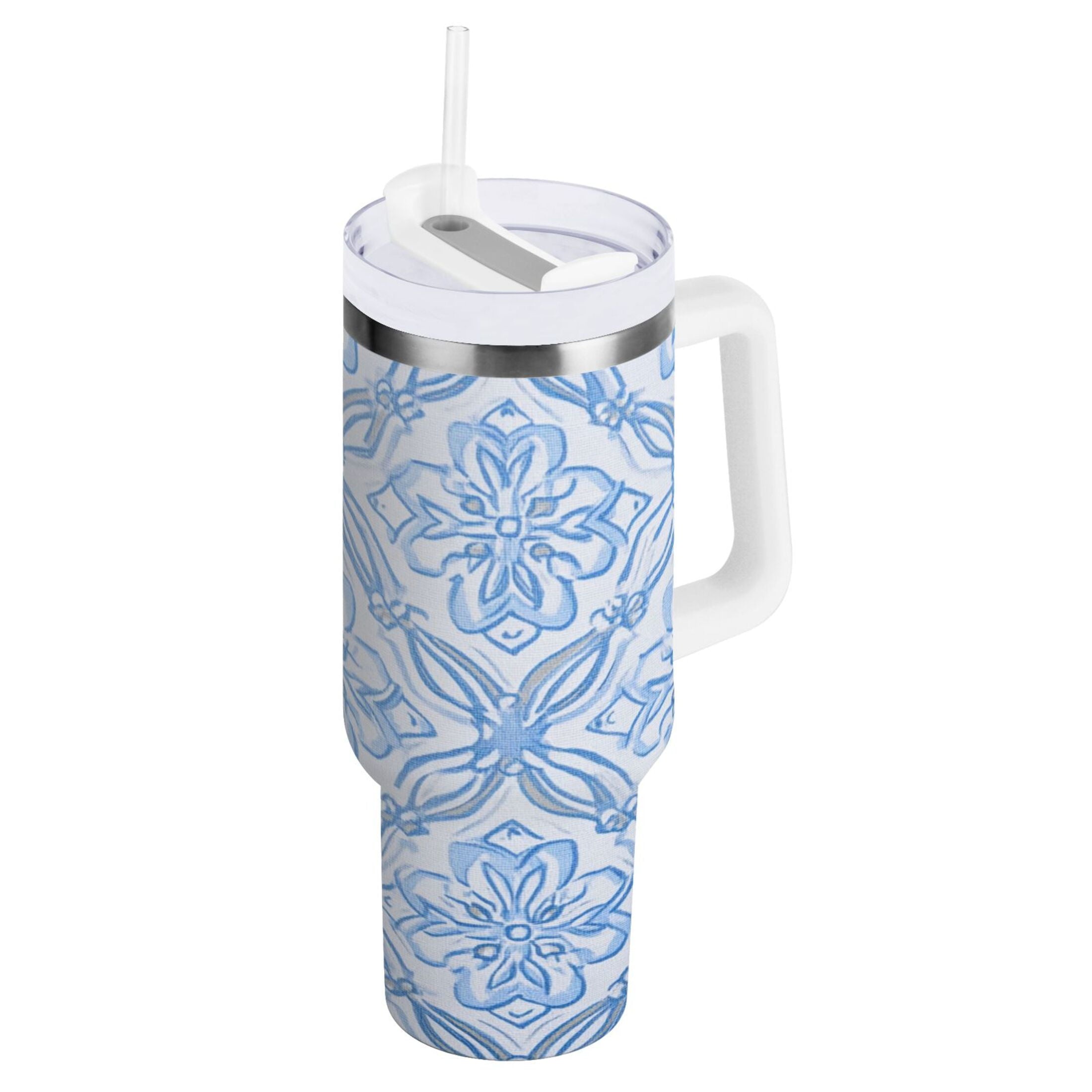 30 oz Insulated Stainless Steel Tumbler Double Wall Stainless Steel Tumbler with 2-Way Drinking Blue Elegant Geometric Design [55KY]