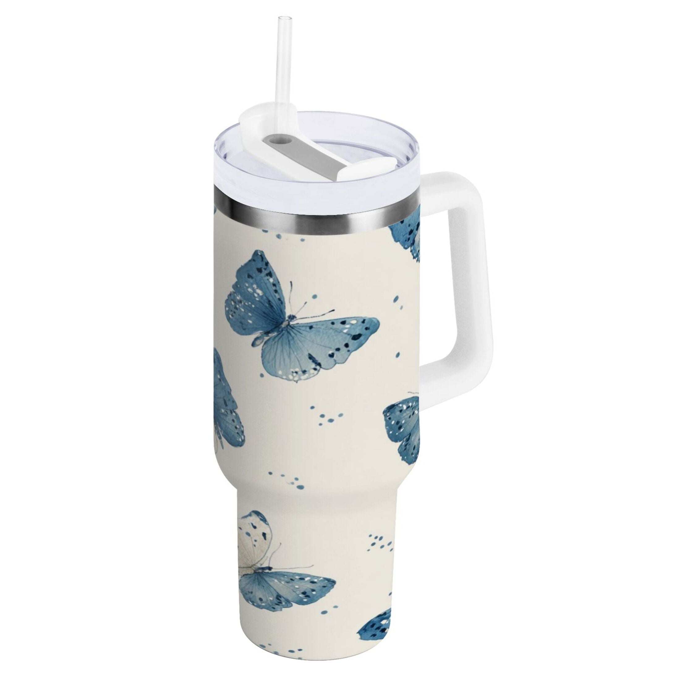 30 oz Insulated Stainless Steel Tumbler Double Wall Stainless Steel Tumbler with 2-Way Drinking Blue Watercolor Butterflies [UW17]