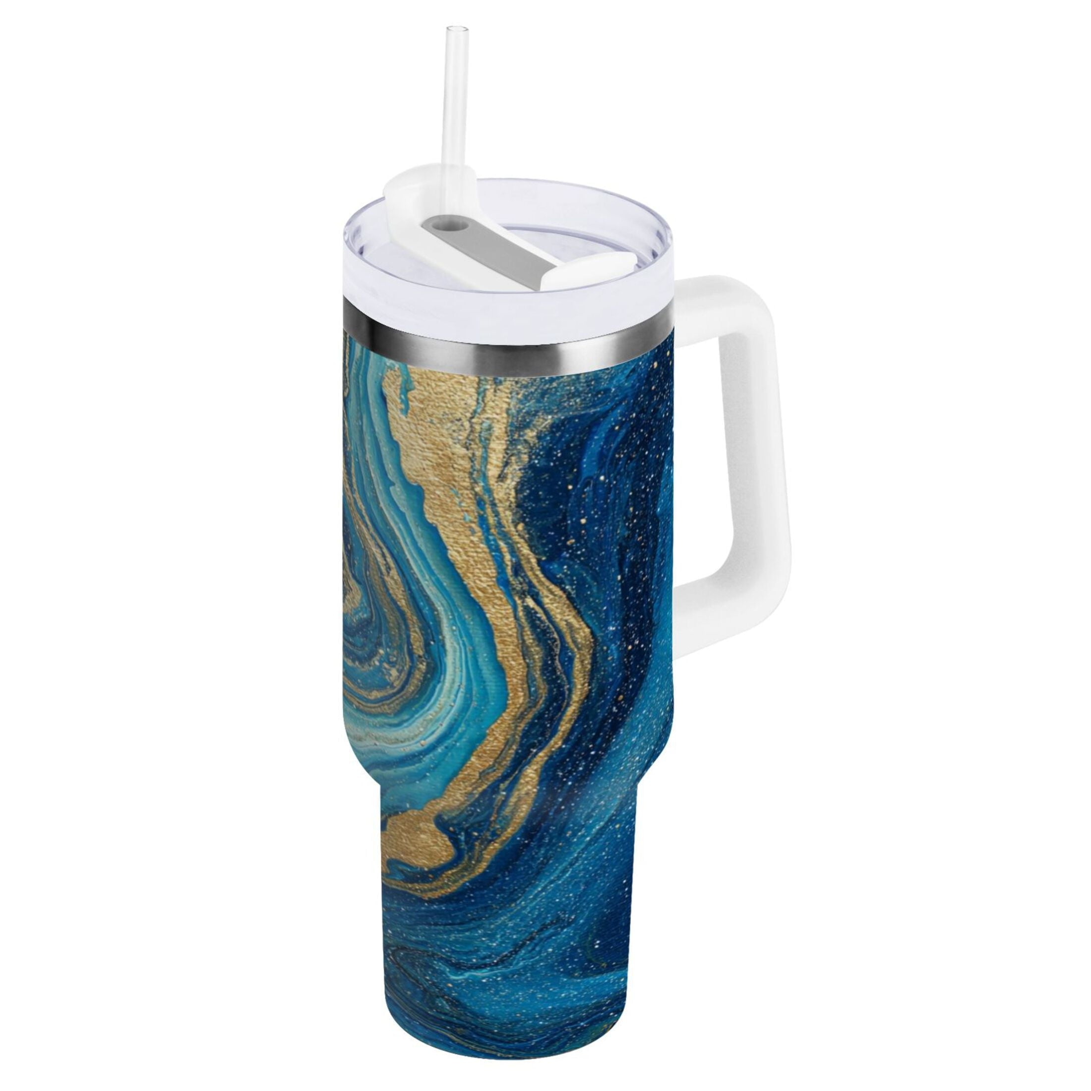 30 oz Insulated Stainless Steel Tumbler Double Wall Stainless Steel Tumbler with 2-Way Drinking Blue and Gold Ocean [TV9M]