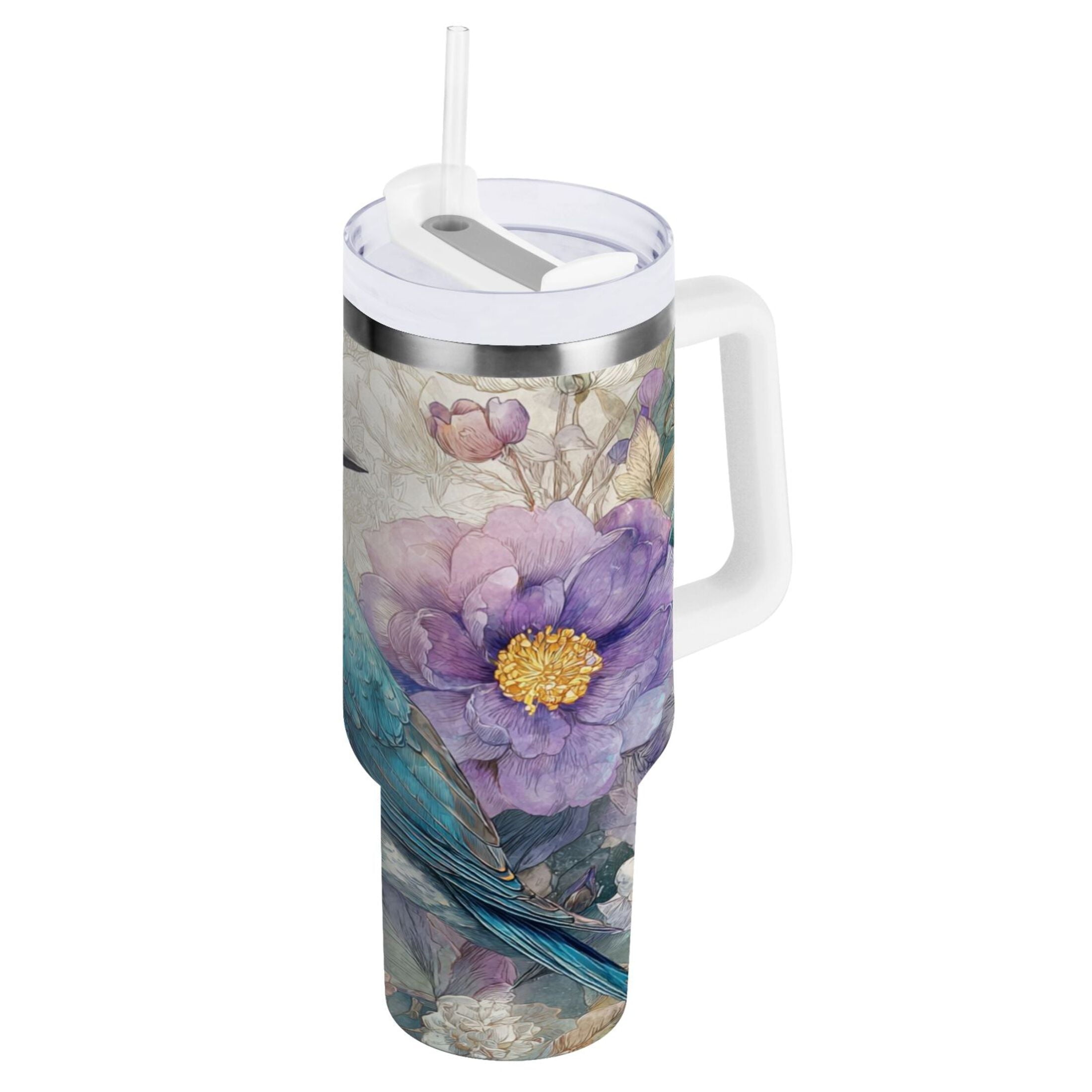 30 oz Insulated Stainless Steel Tumbler Double Wall Stainless Steel Tumbler with 2-Way Drinking Bluebird and Flower [LQBZ]