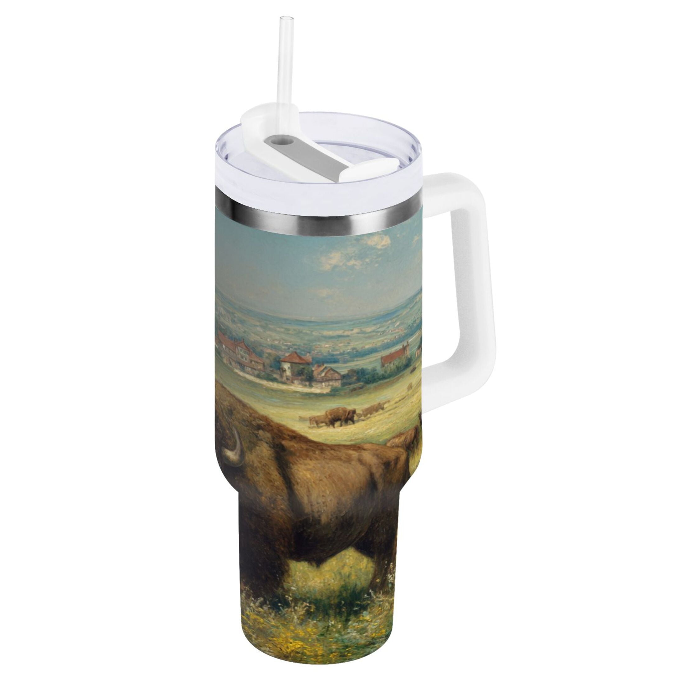30 oz Insulated Stainless Steel Tumbler Double Wall Stainless Steel Tumbler with 2-Way Drinking Buffalo Herd Oil Painting [MF1S]