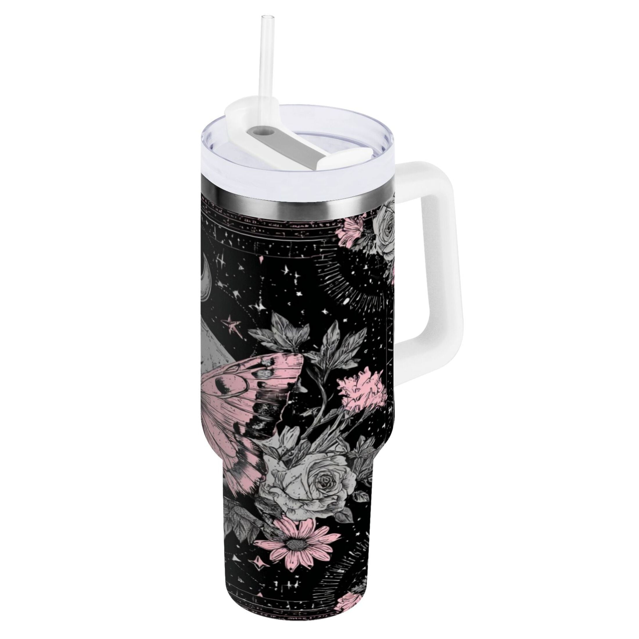30 oz Insulated Stainless Steel Tumbler Double Wall Stainless Steel Tumbler with 2-Way Drinking Butterfly by Moon and Flowers [HFI0]