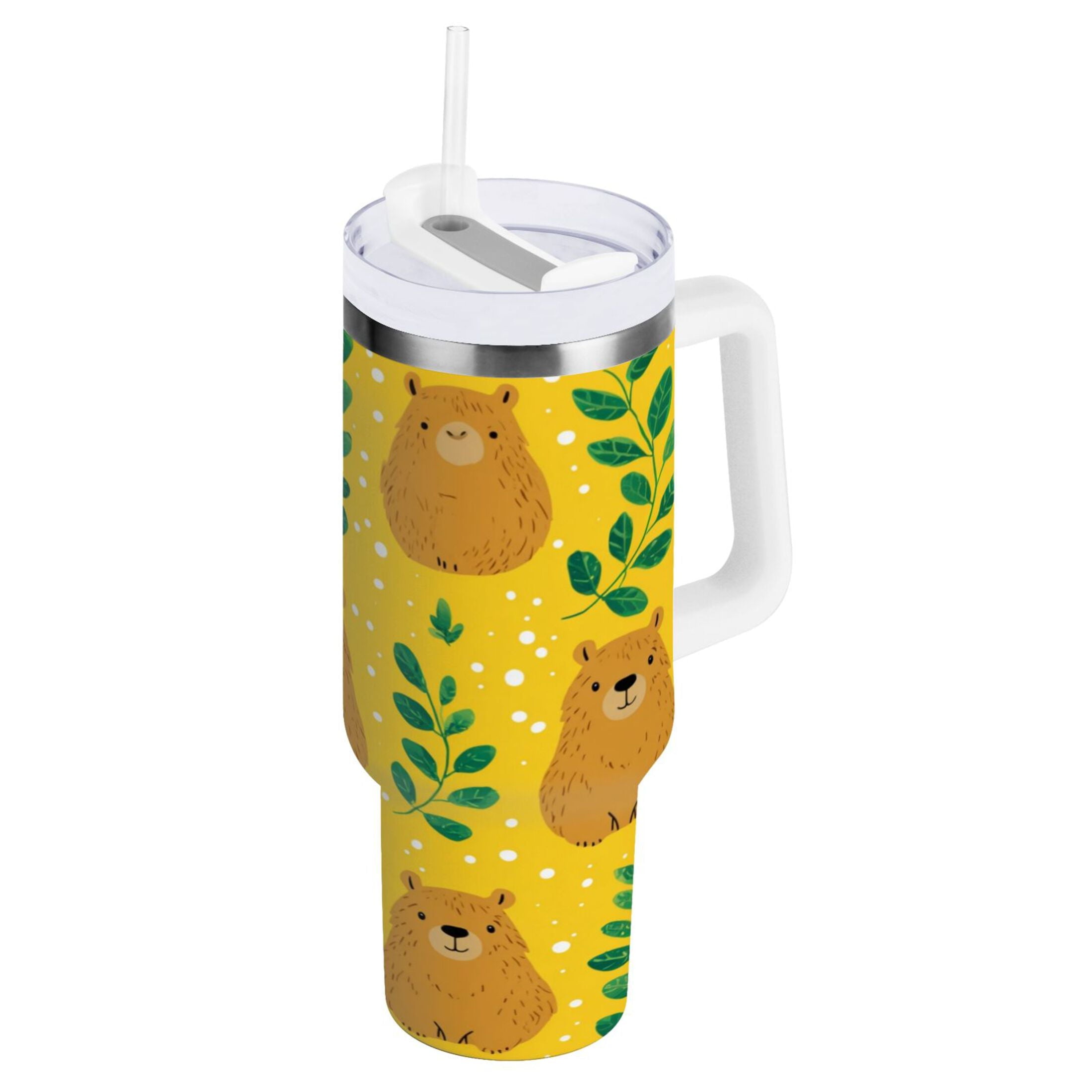 30 oz Insulated Stainless Steel Tumbler Double Wall Stainless Steel Tumbler with 2-Way Drinking Capybara and Green Leaves [IJCM]