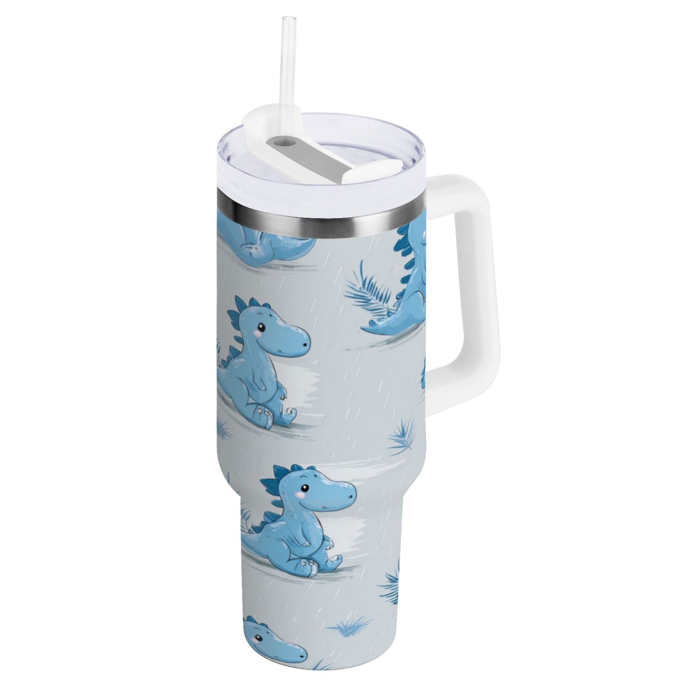 30 oz Insulated Stainless Steel Tumbler Double Wall Stainless Steel Tumbler with 2-Way Drinking Cartoon Blue Dinosaurs [2T1W]